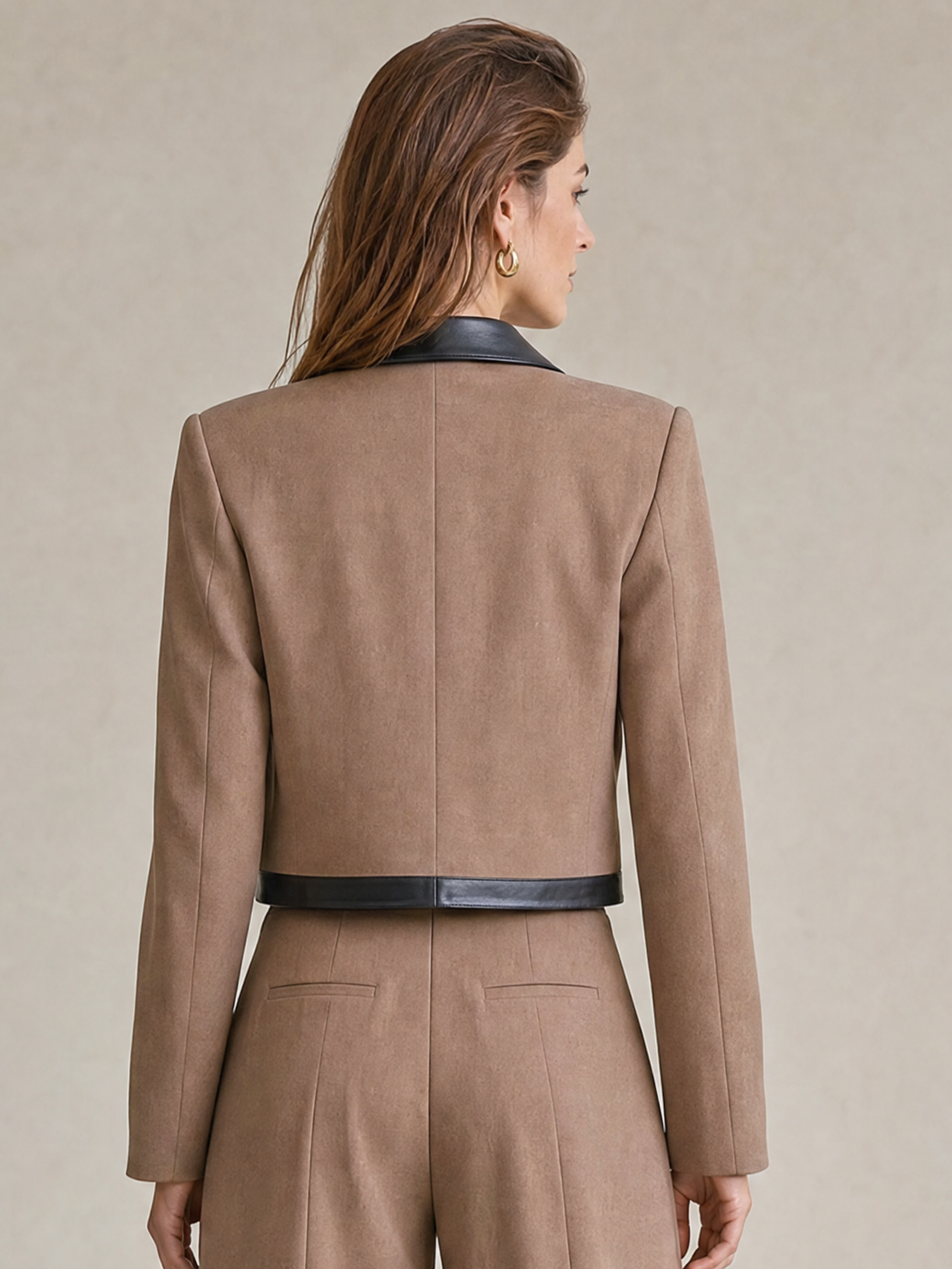 Elegant Taupe & Black Leather-Trimmed Cropped Jacket