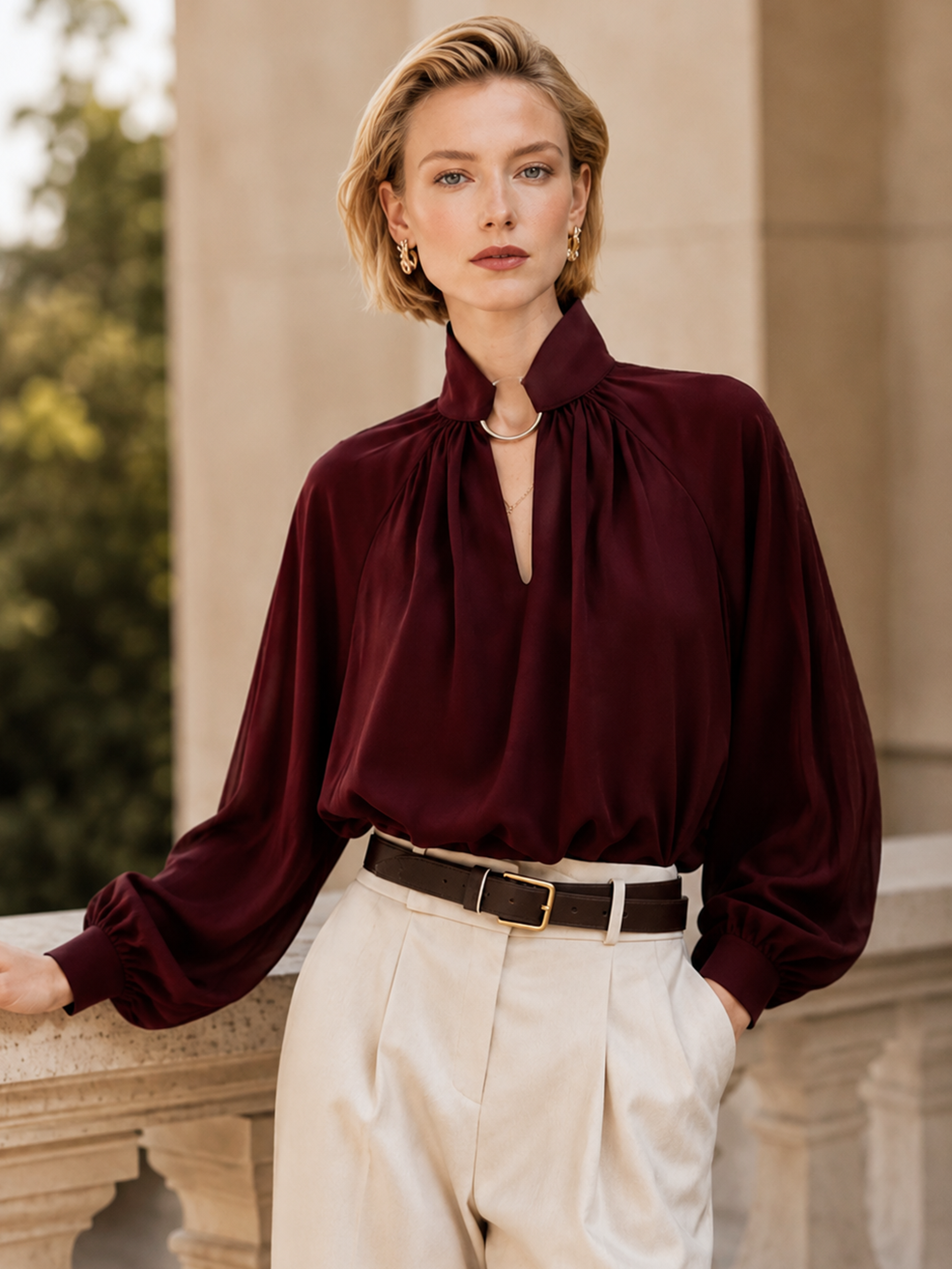 Elegant Burgundy Satin V-Neck Cutout Blouse
