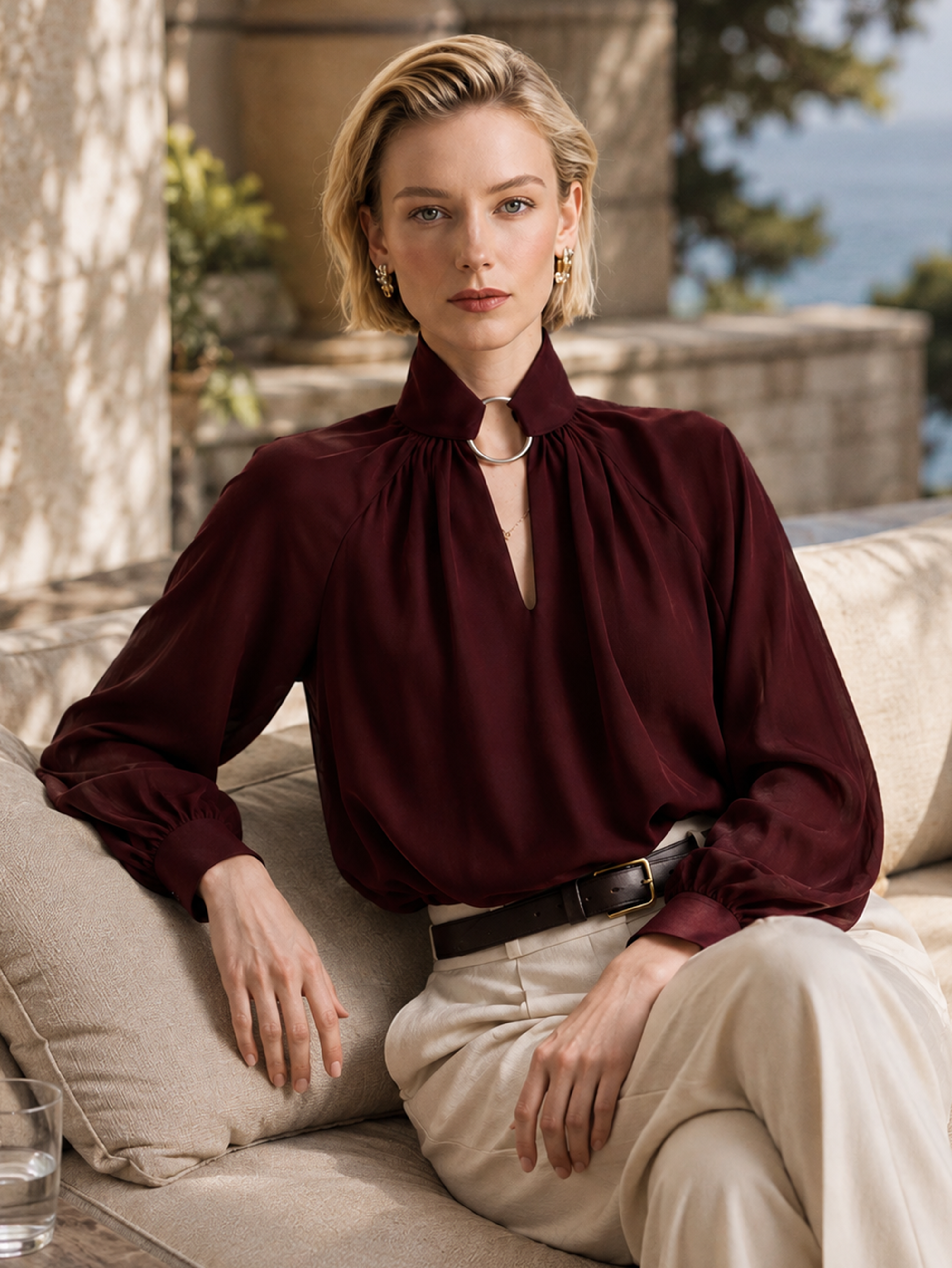 Elegant Burgundy Satin V-Neck Cutout Blouse