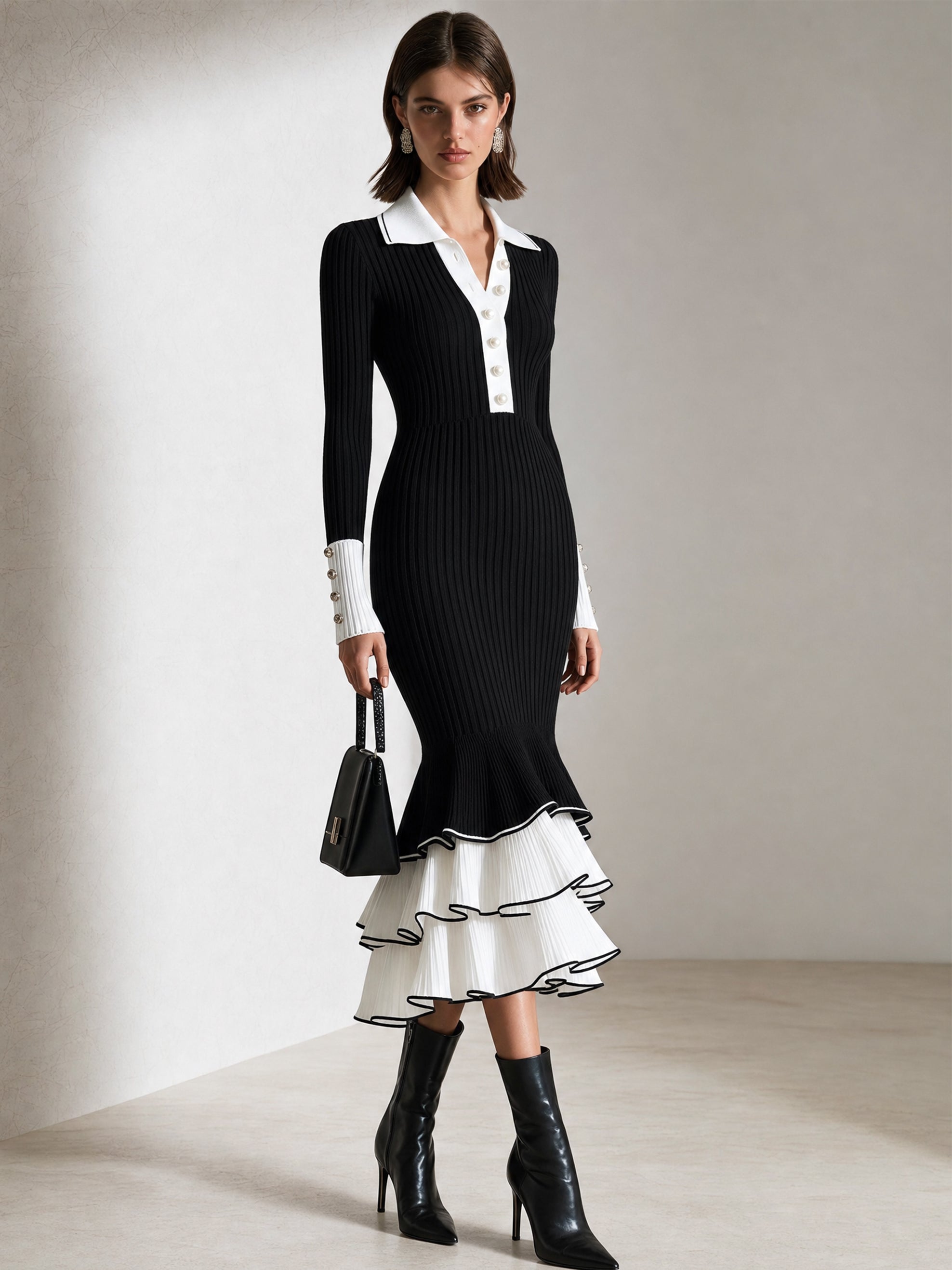Contrast‑Trim Ribbed Knit Midi Dress With Ruffle Hem
