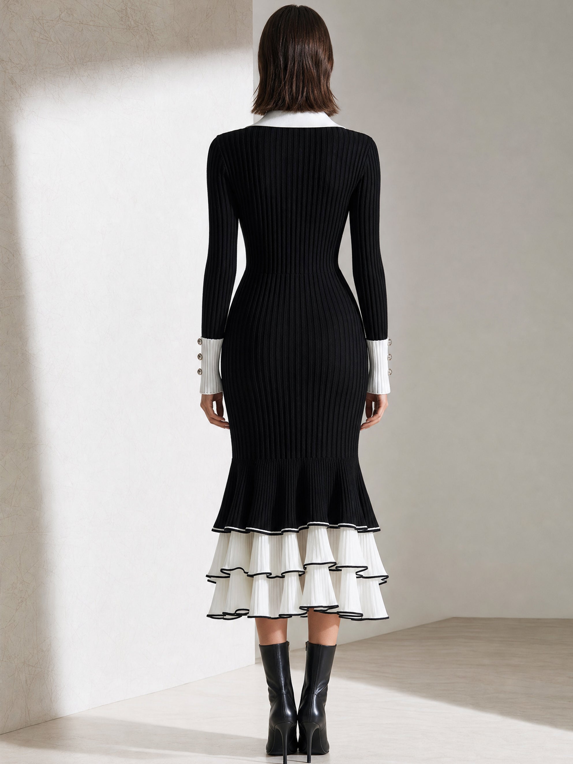 Contrast‑Trim Ribbed Knit Midi Dress With Ruffle Hem