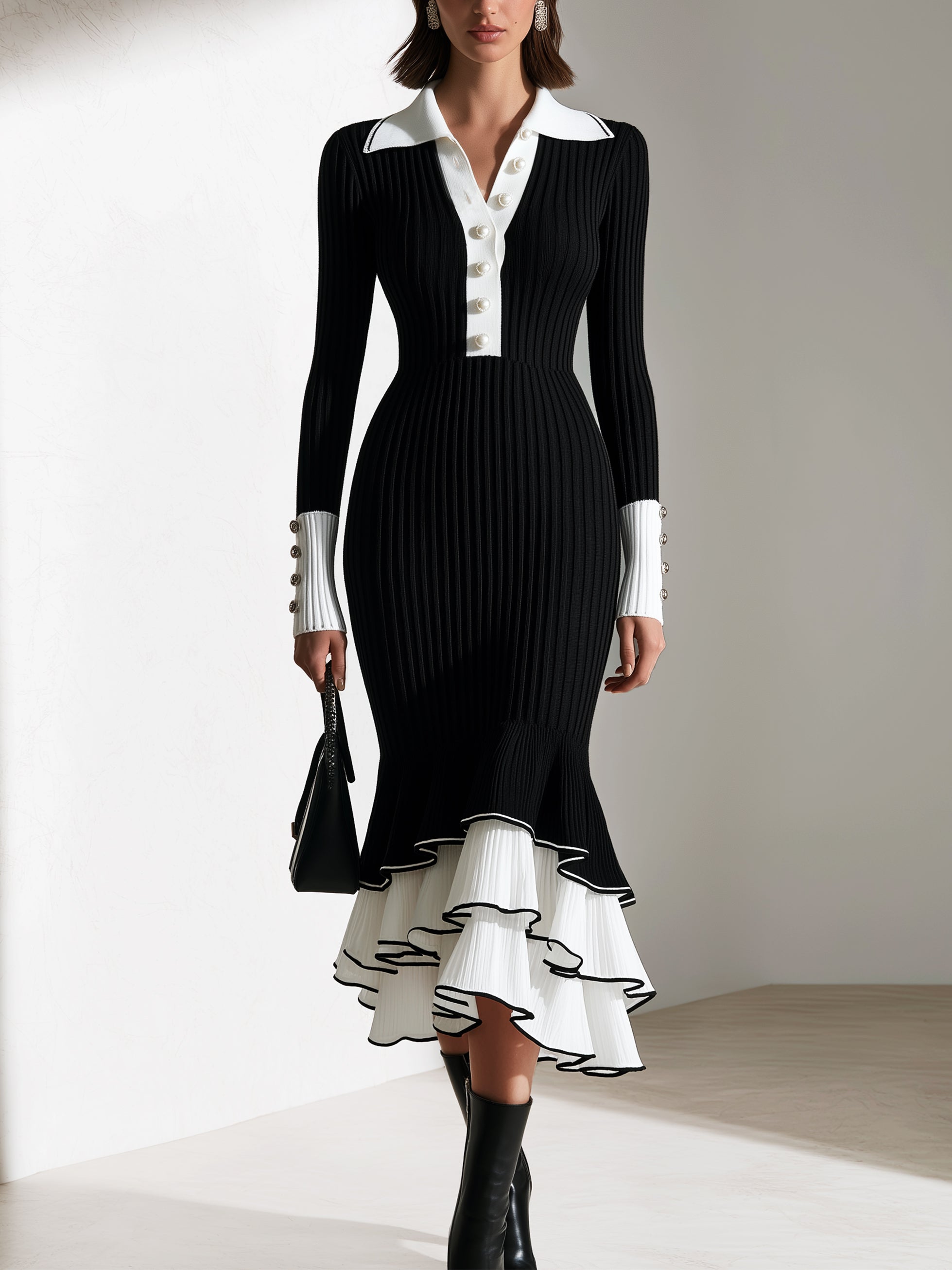 Contrast‑Trim Ribbed Knit Midi Dress With Ruffle Hem
