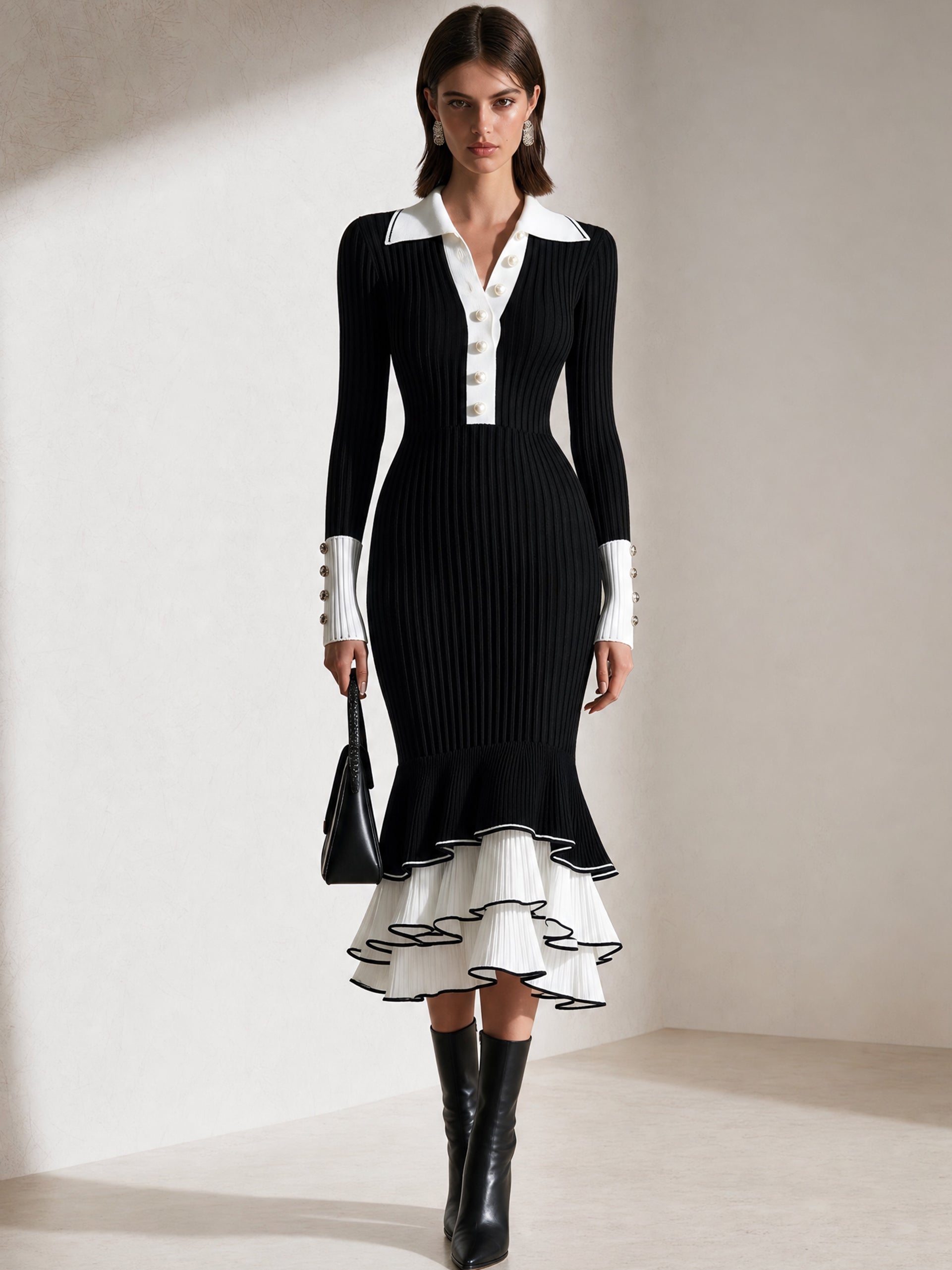 Contrast‑Trim Ribbed Knit Midi Dress With Ruffle Hem