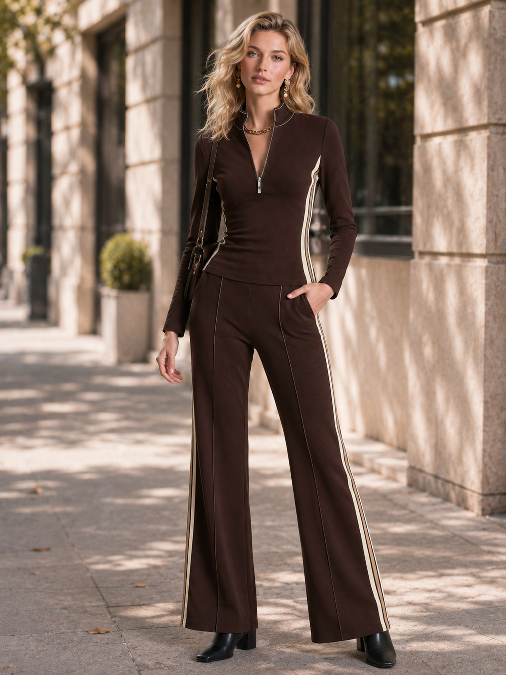 Elegant Dark Brown Contrast Stripe Wide-Leg Pants Set