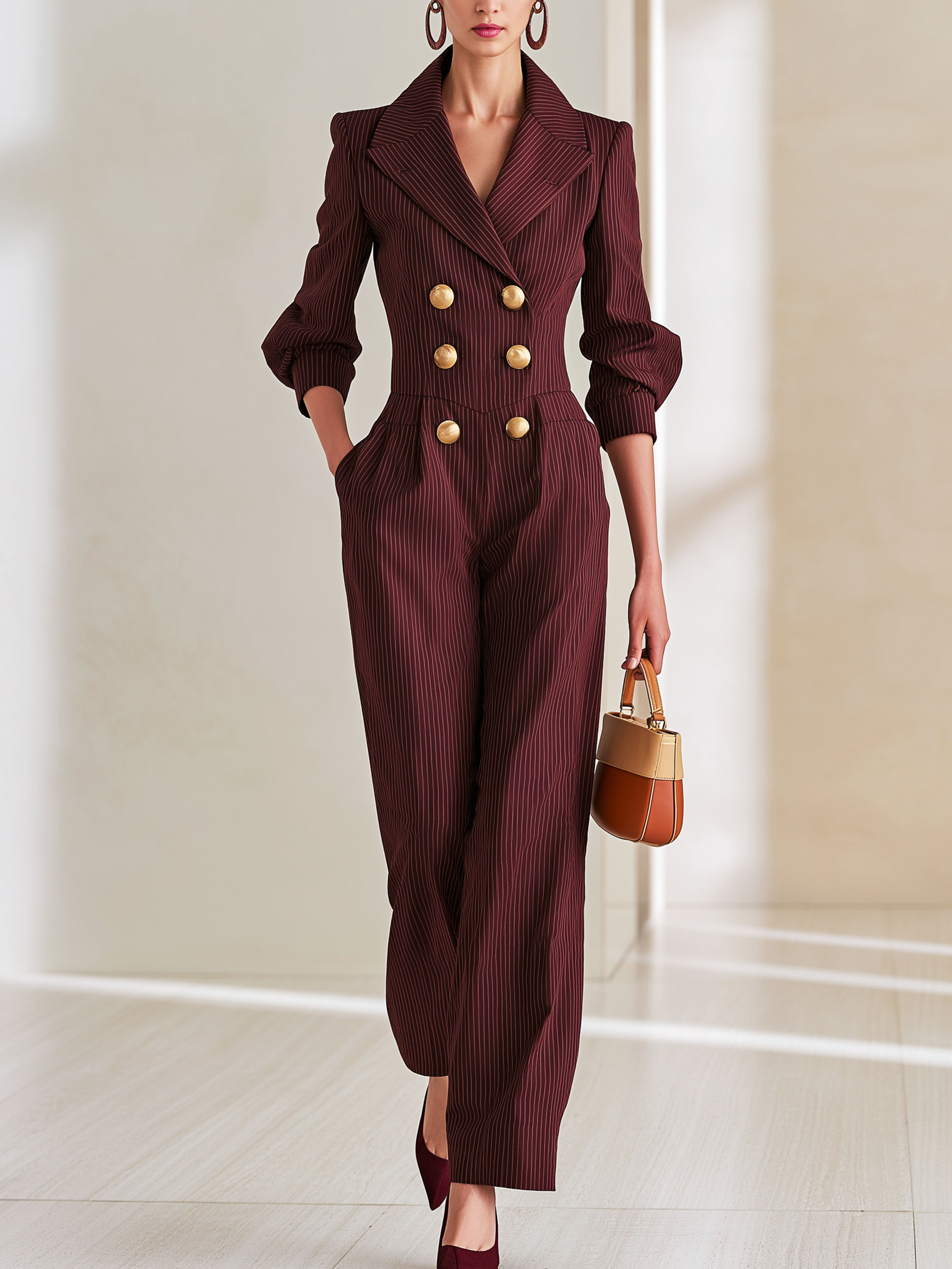 Burgundy Pinstripe Lapel Double‑Breasted Jumpsuit