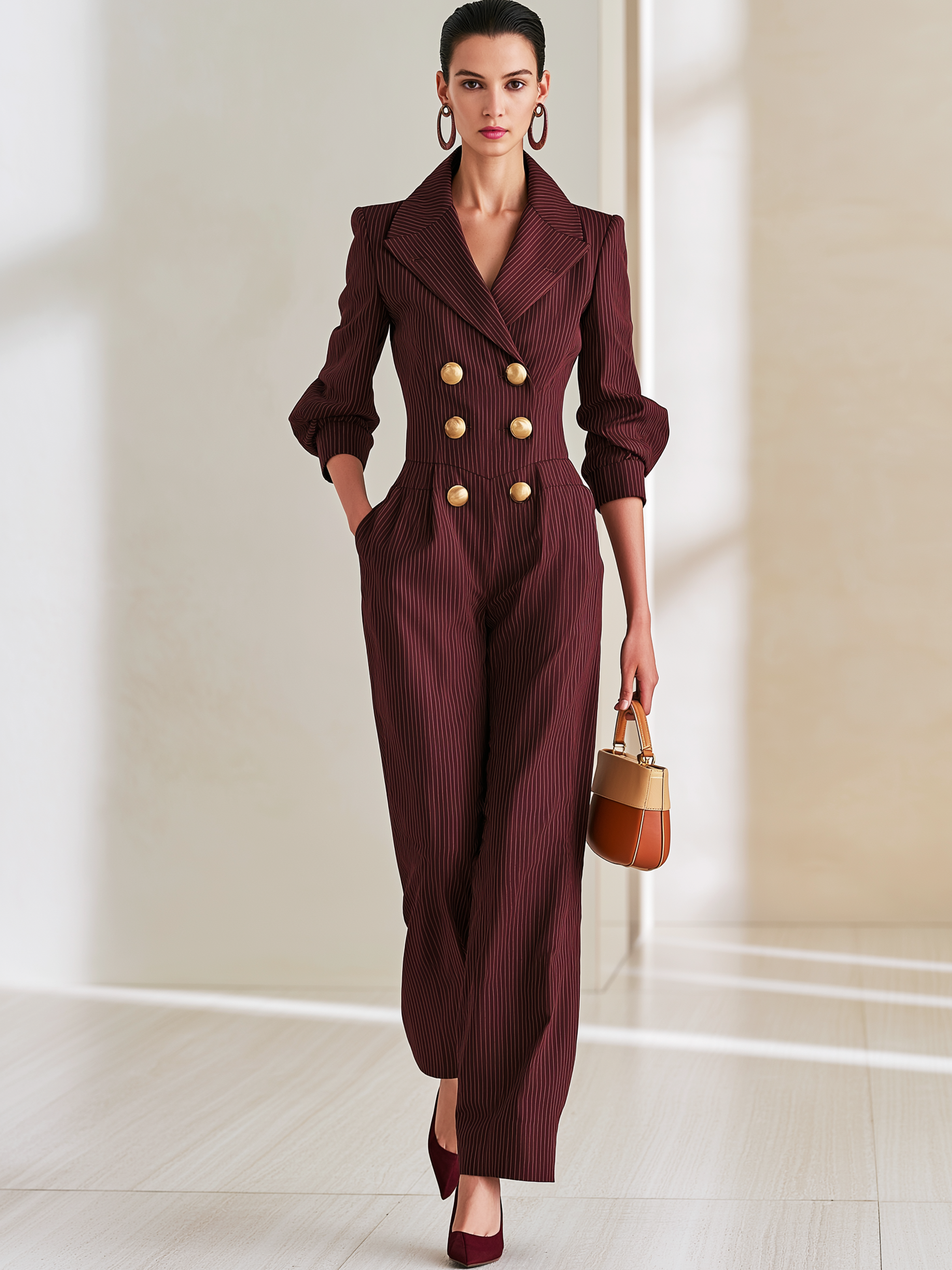 Burgundy Pinstripe Lapel Double‑Breasted Jumpsuit