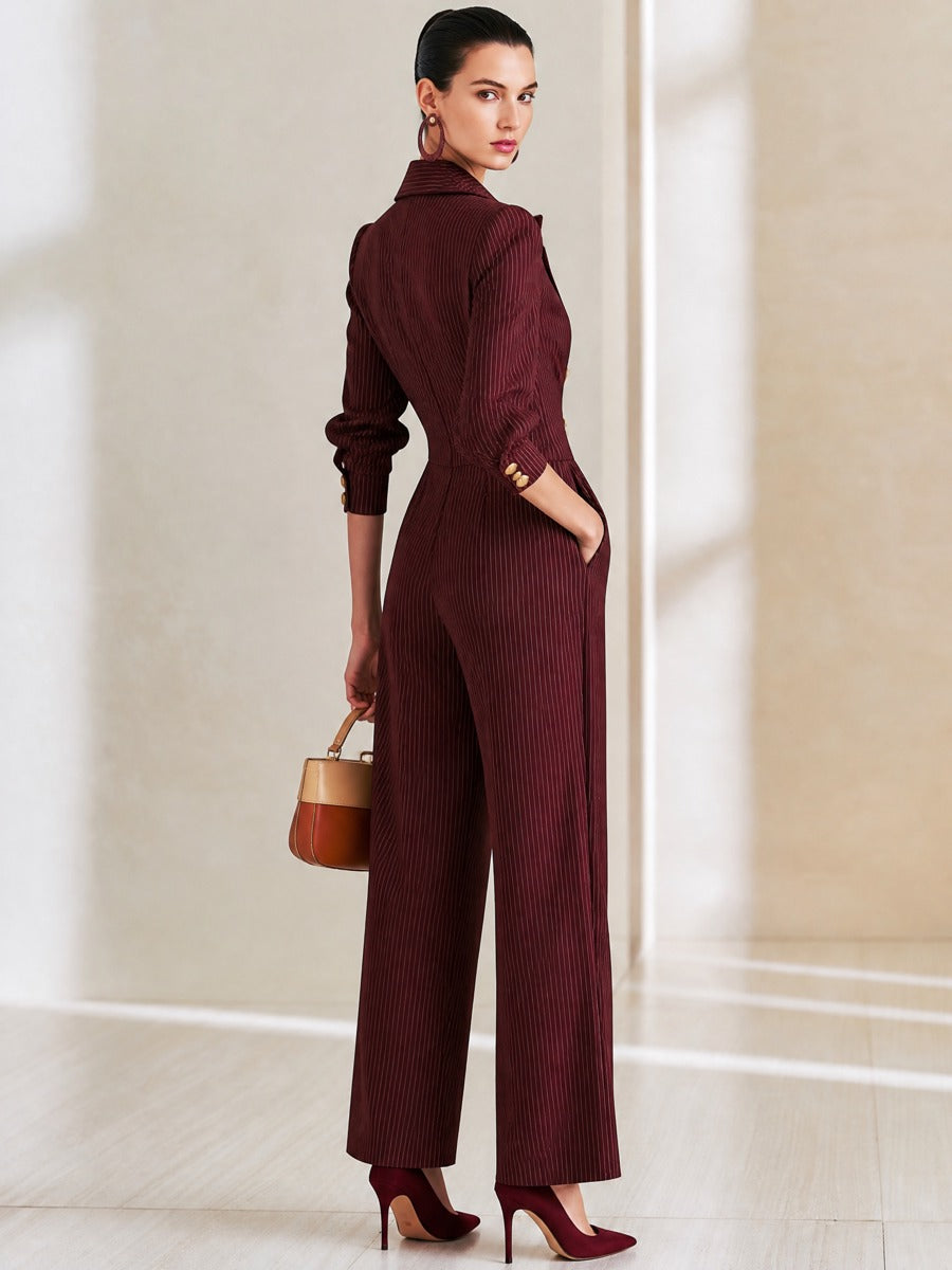 Burgundy Pinstripe Lapel Double‑Breasted Jumpsuit