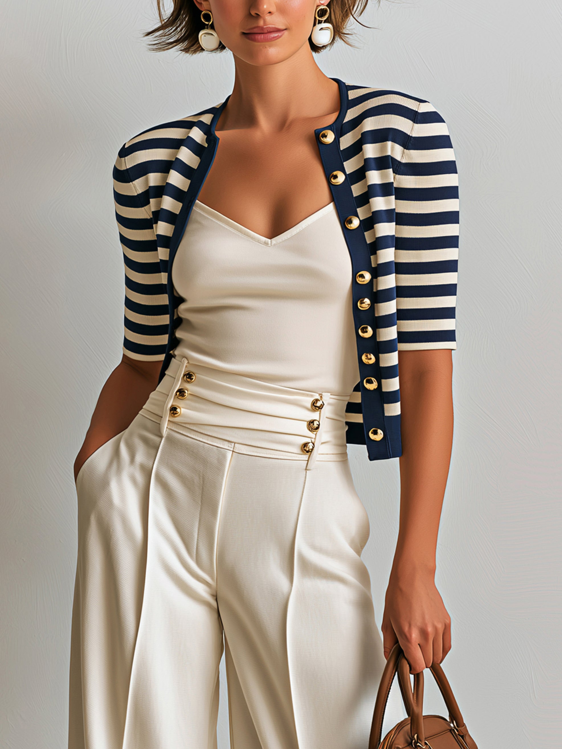 Elegant Knit Cardigan With Classic Breton Stripe & Elbow-Length Sleeves