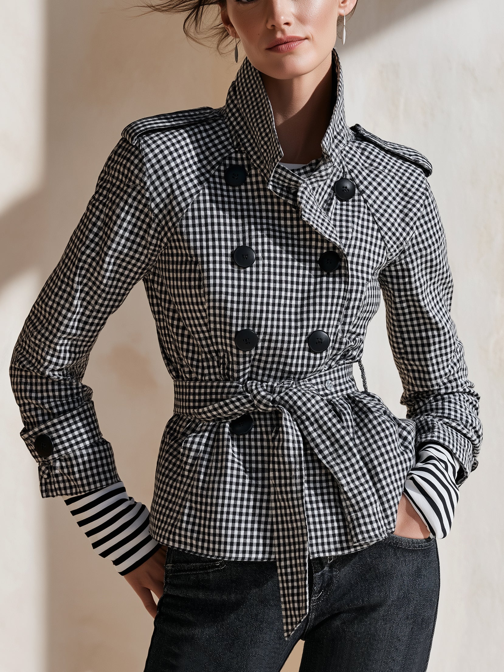 Gingham Tailored Trench Jacket Outerwear
