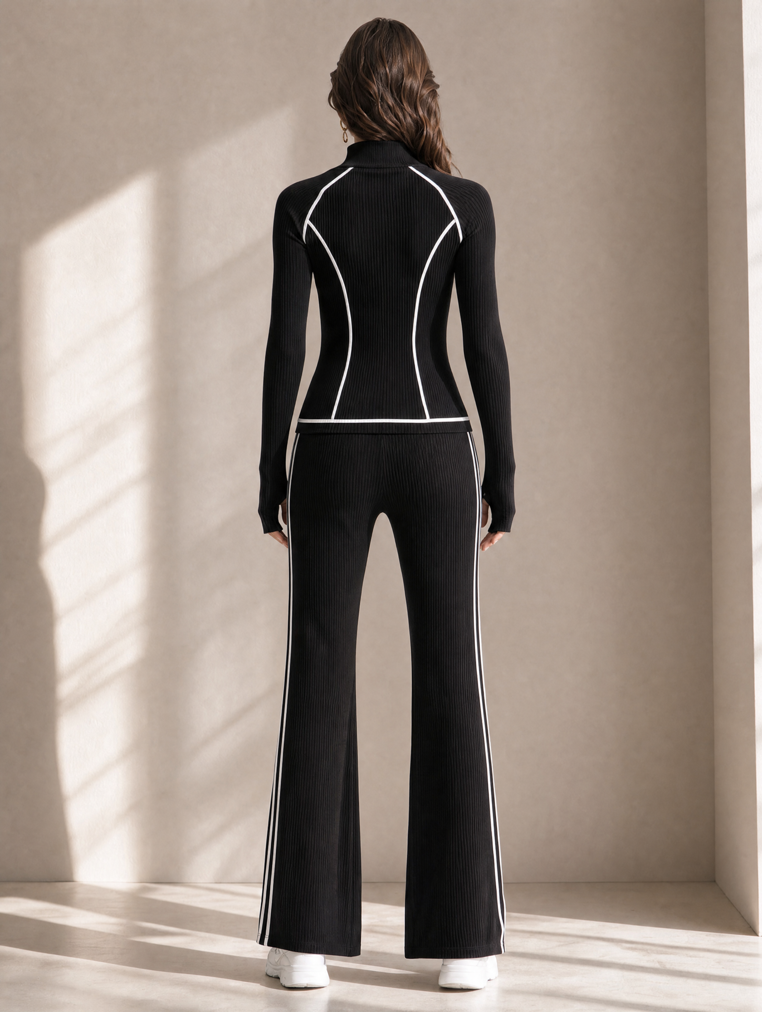 Elegant Black And White Striped Slim-Fit Knit Set