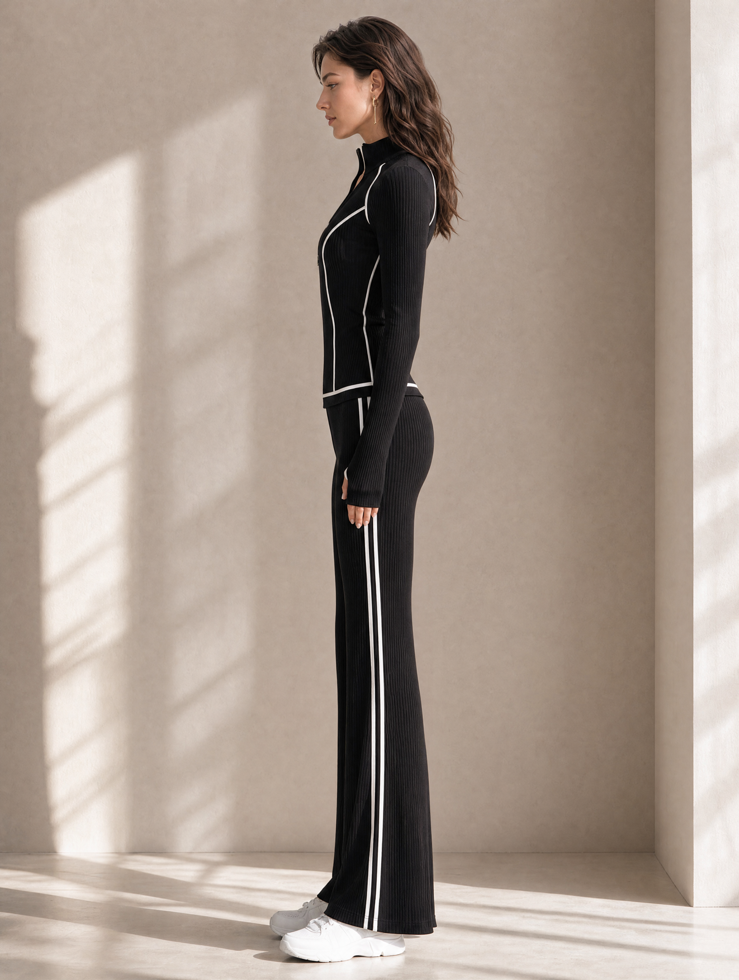Elegant Black And White Striped Slim-Fit Knit Set