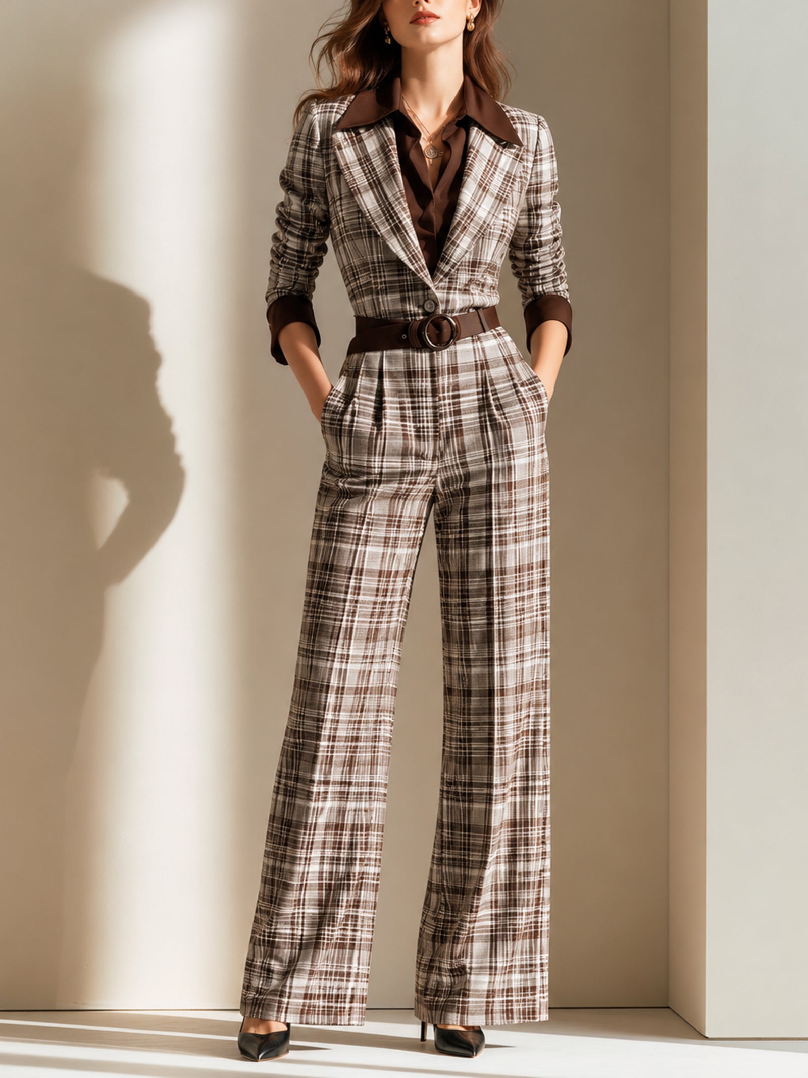 Elegant Brown Plaid Faux-Layer Jumpsuit