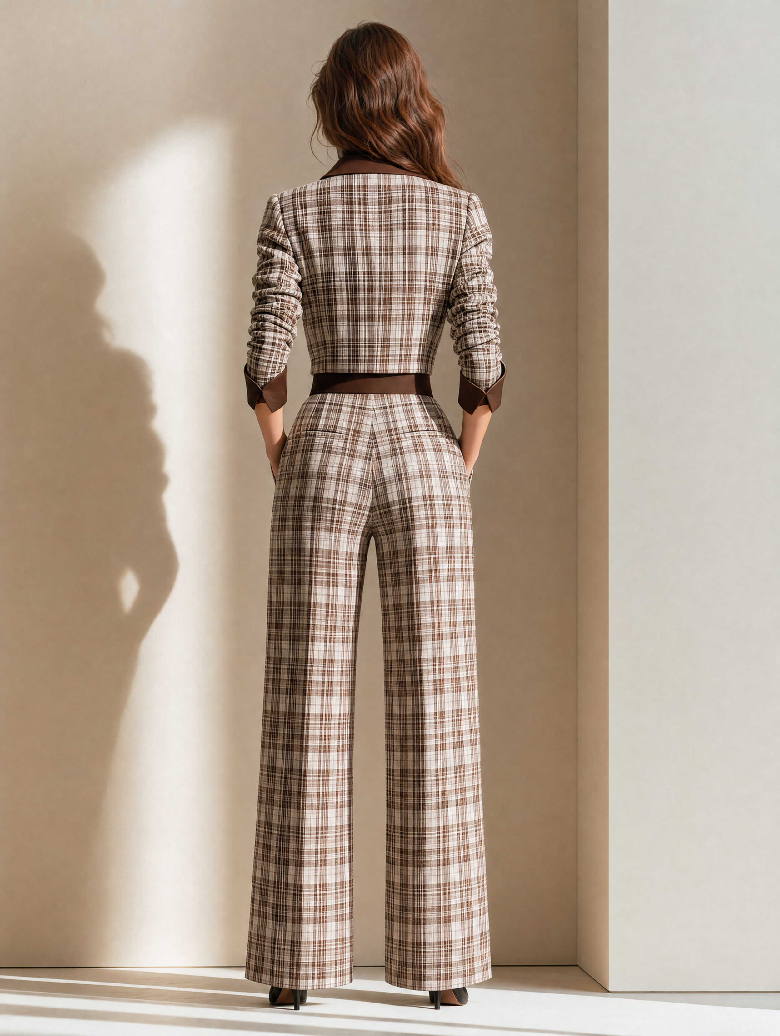 Elegant Brown Plaid Faux-Layer Jumpsuit