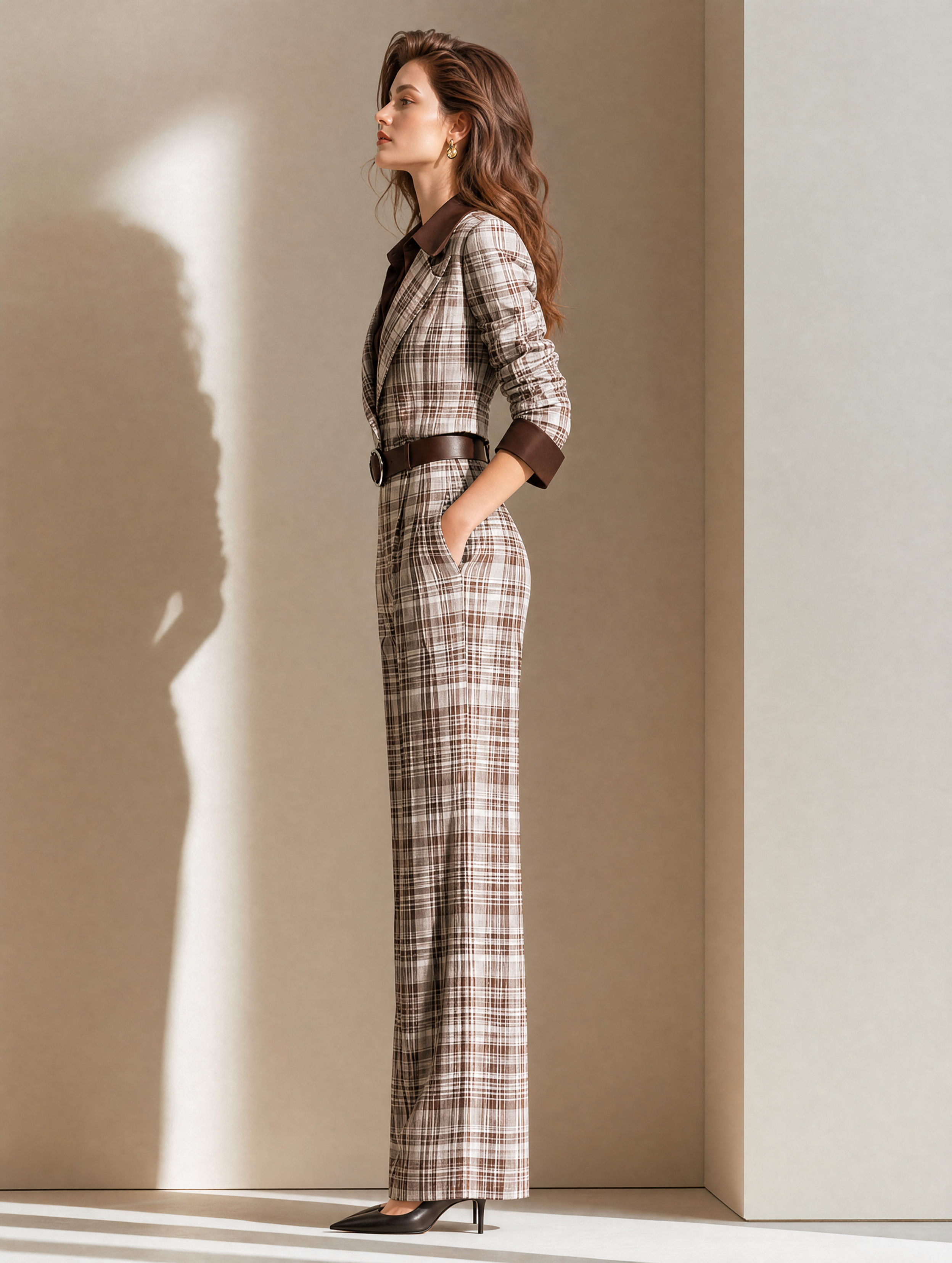 Elegant Brown Plaid Faux-Layer Jumpsuit