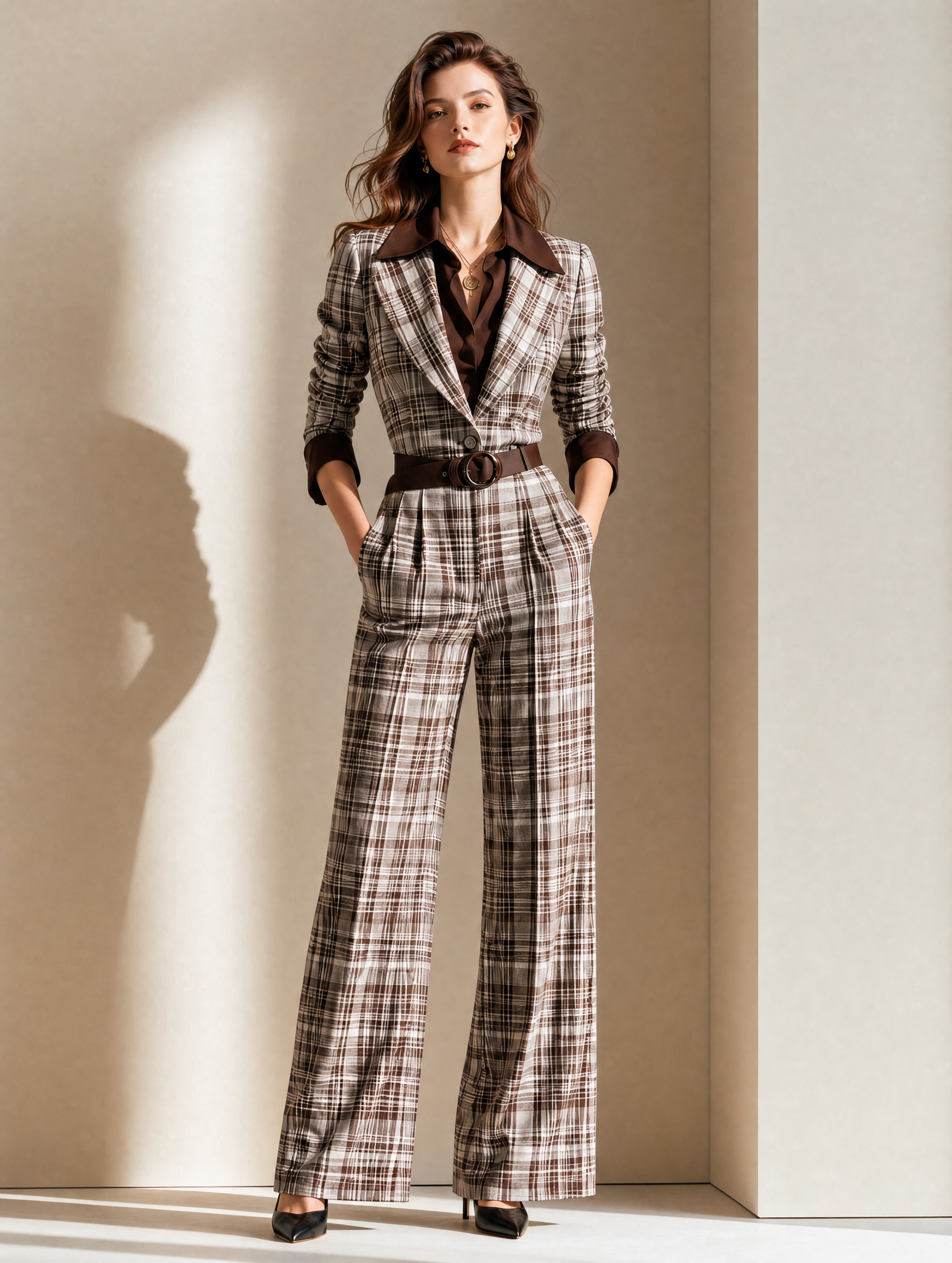 Elegant Brown Plaid Faux-Layer Jumpsuit