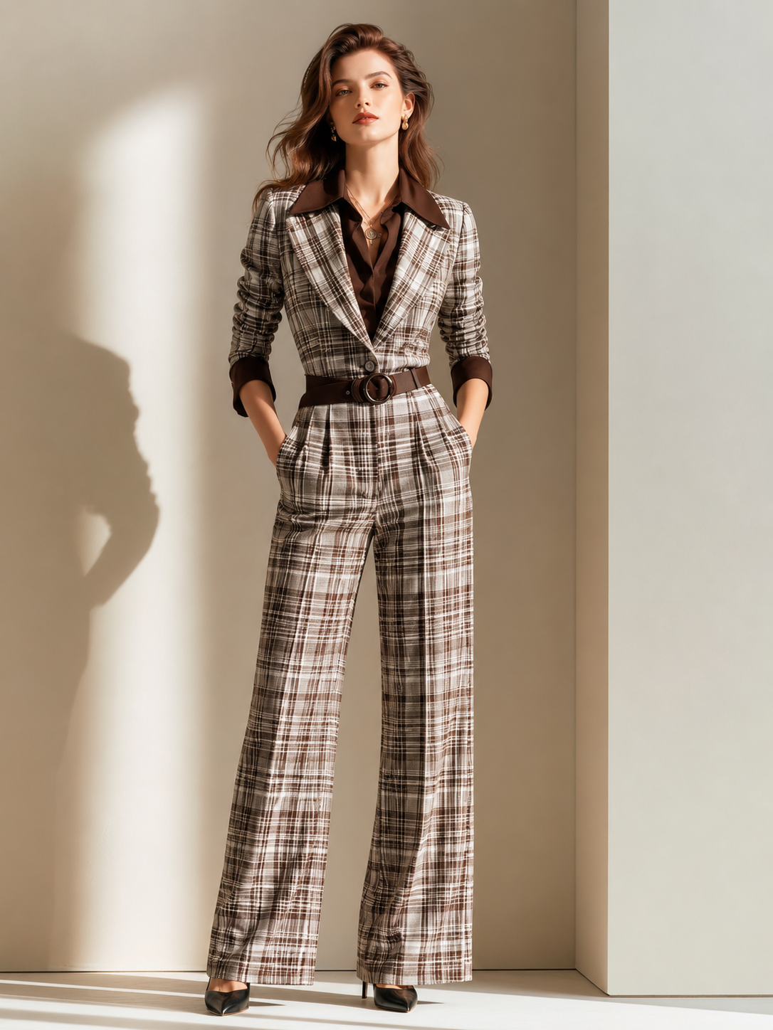 Elegant Brown Plaid Faux-Layer Jumpsuit