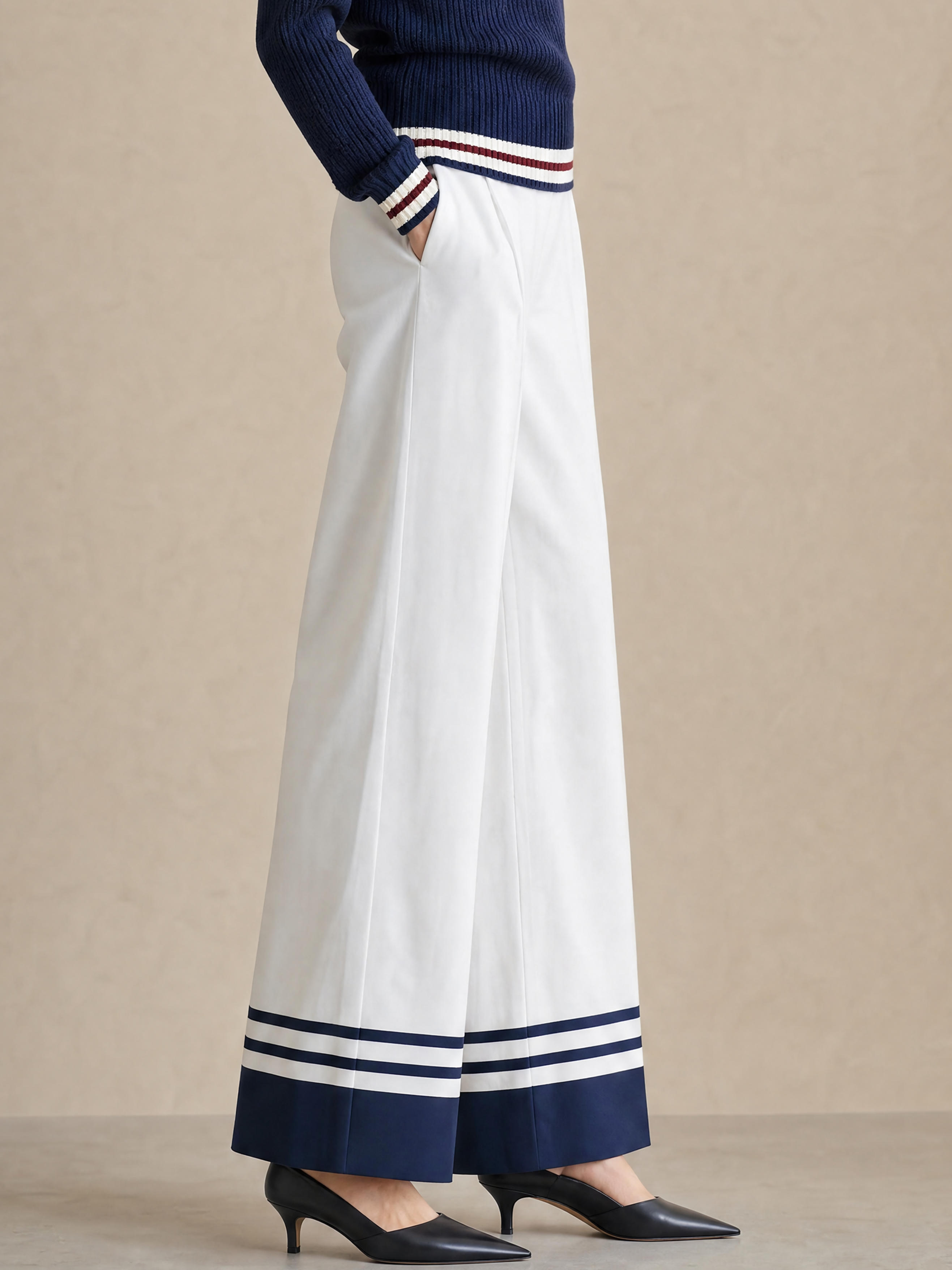 Elegant Ivory & Navy Contrast-Trim Wide-Leg Tailored Pants