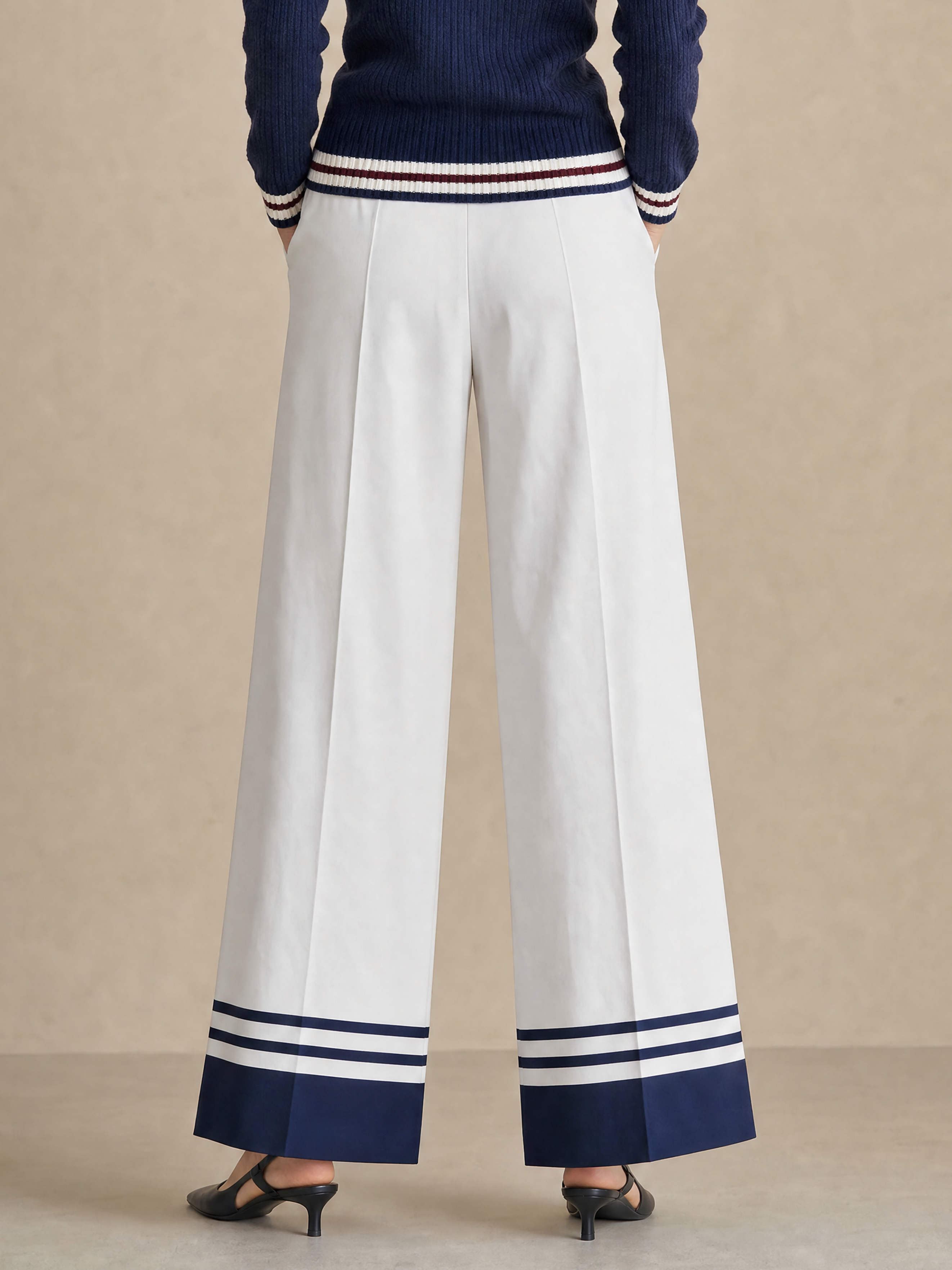 Elegant Ivory & Navy Contrast-Trim Wide-Leg Tailored Pants