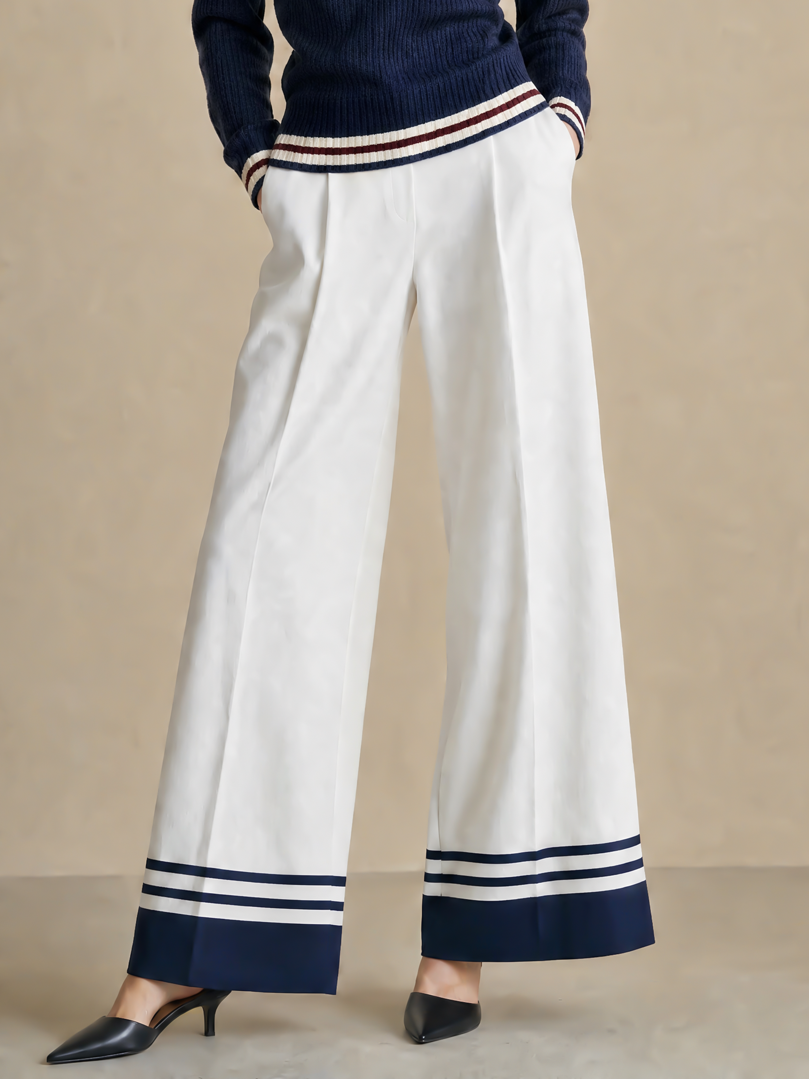 Elegant Ivory & Navy Contrast-Trim Wide-Leg Tailored Pants