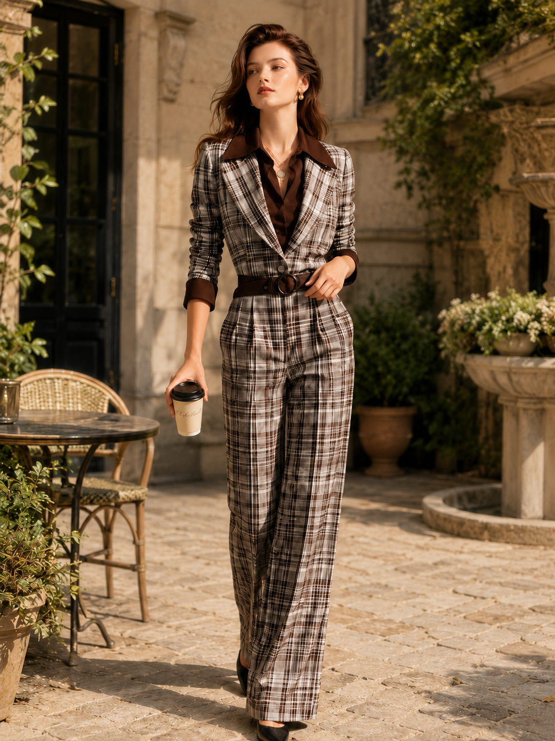Elegant Brown Plaid Faux-Layer Jumpsuit
