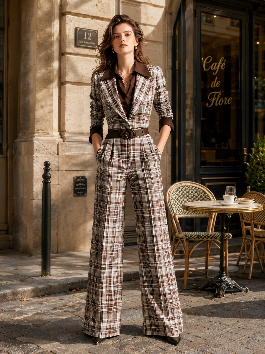 Elegant Brown Plaid Faux-Layer Jumpsuit