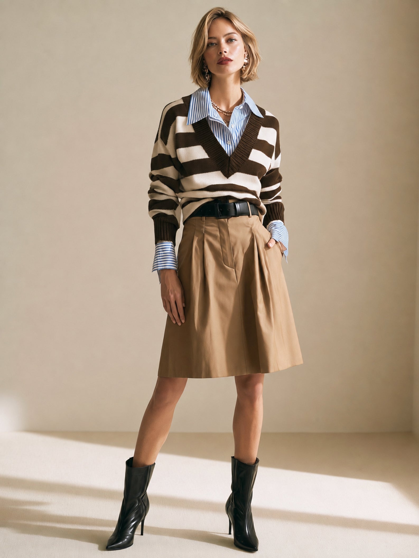 Brown And White Knit Top With A Blue And White Shirt (faux Two-piece Style)
