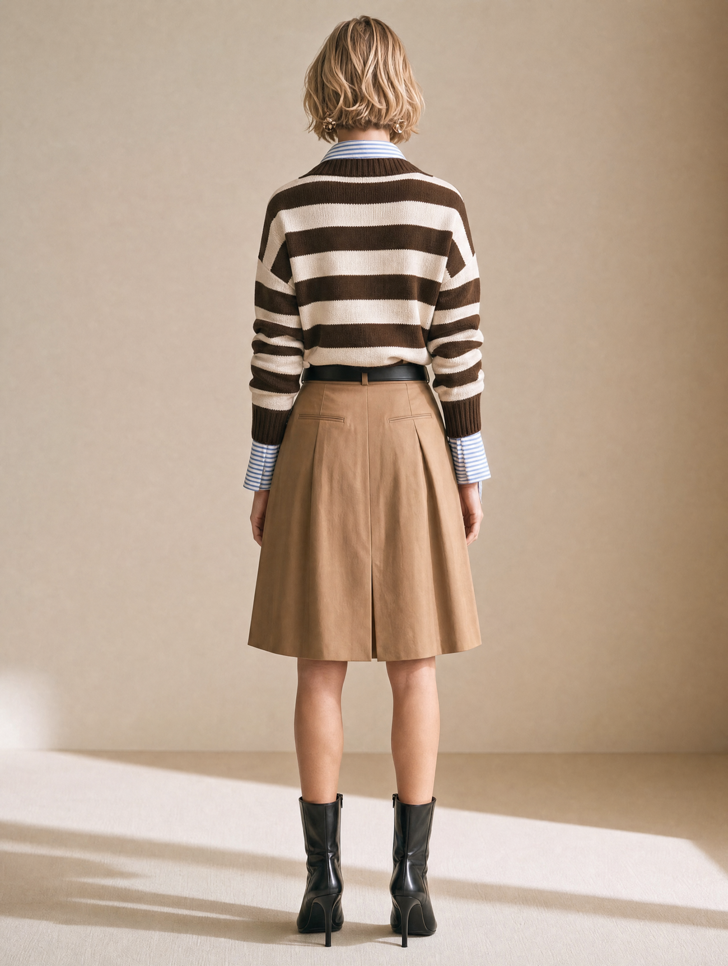 Brown And White Knit Top With A Blue And White Shirt (faux Two-piece Style)
