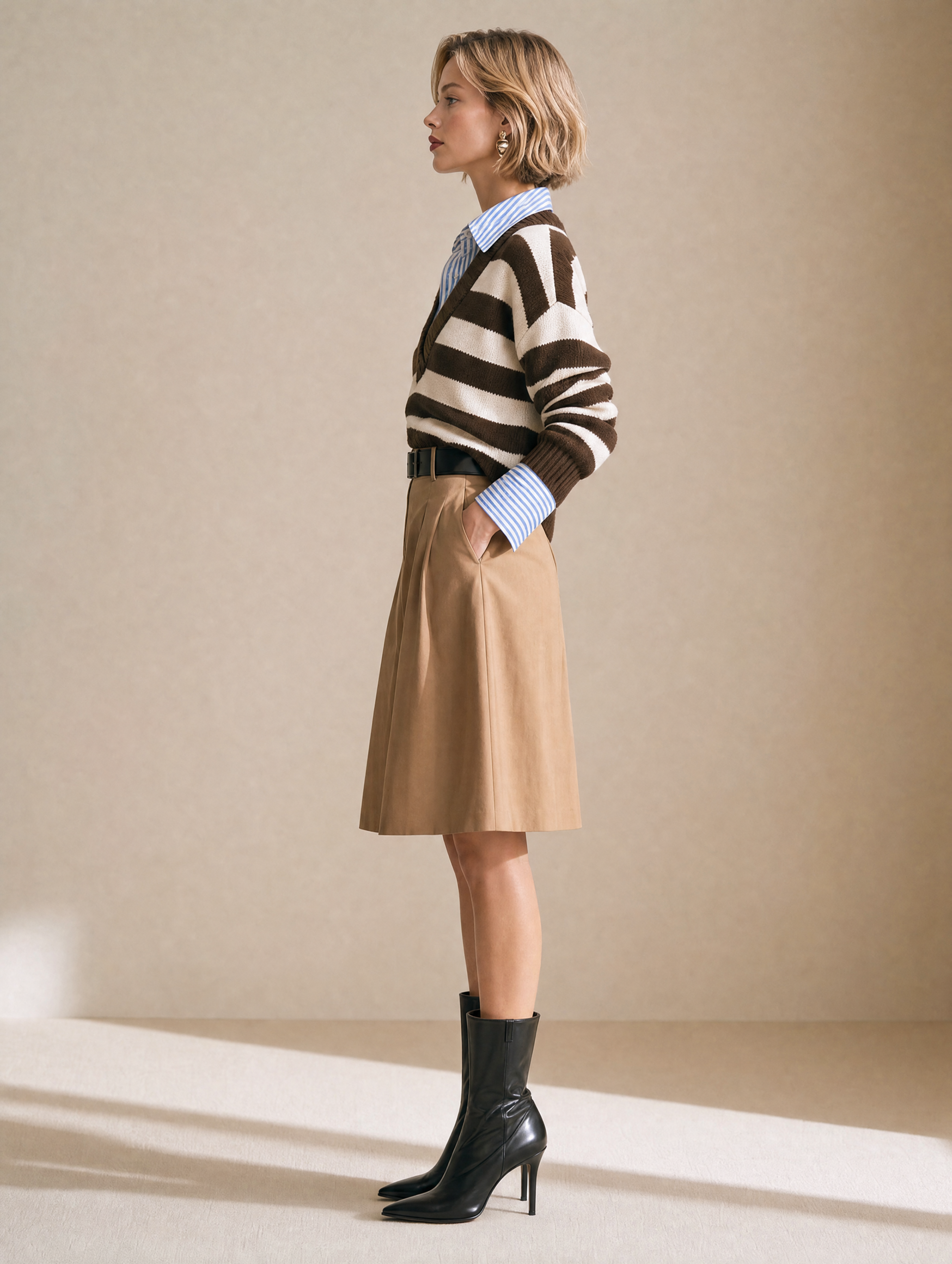 Brown And White Knit Top With A Blue And White Shirt (faux Two-piece Style)