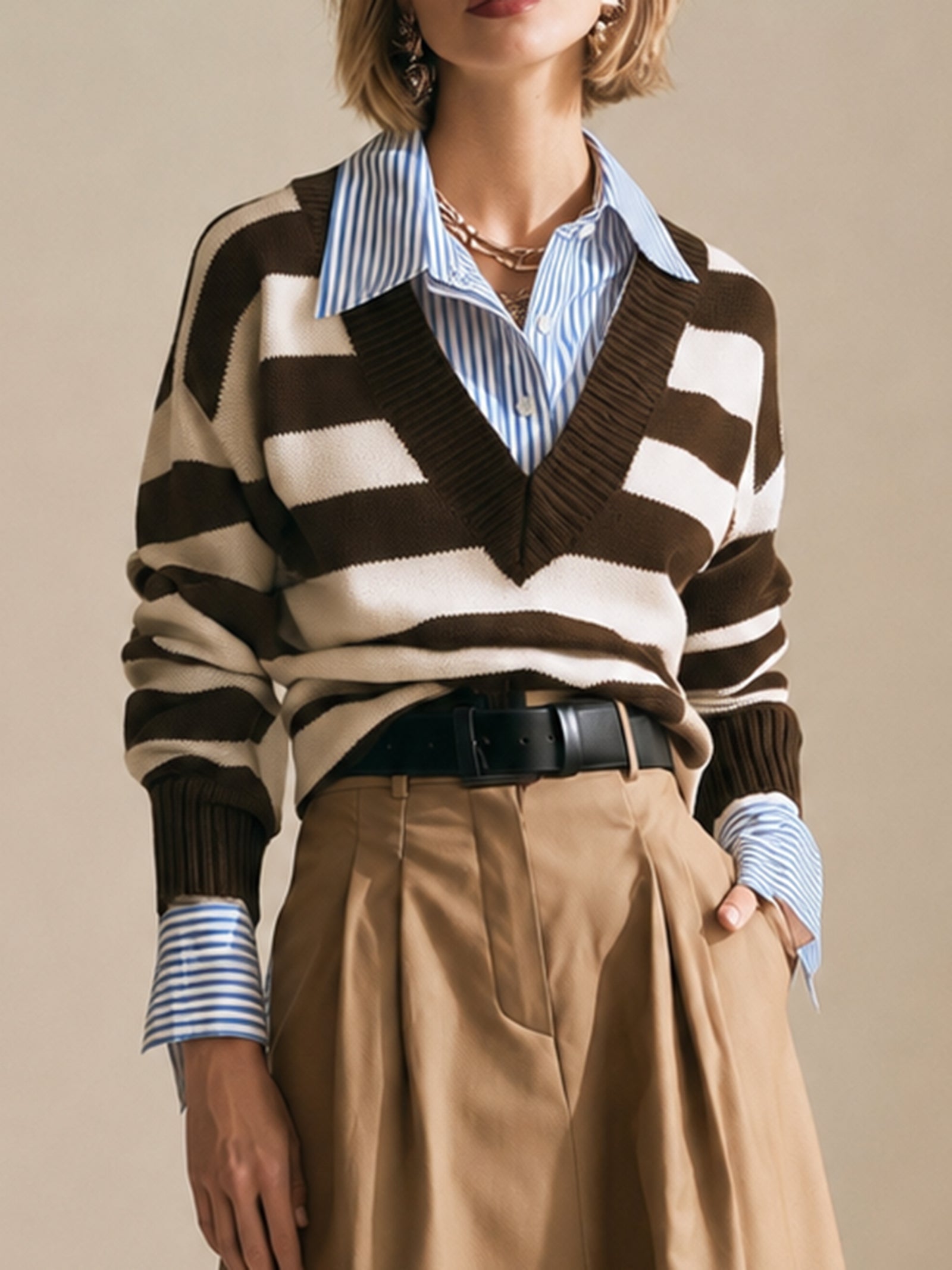 Brown And White Knit Top With A Blue And White Shirt (faux Two-piece Style)