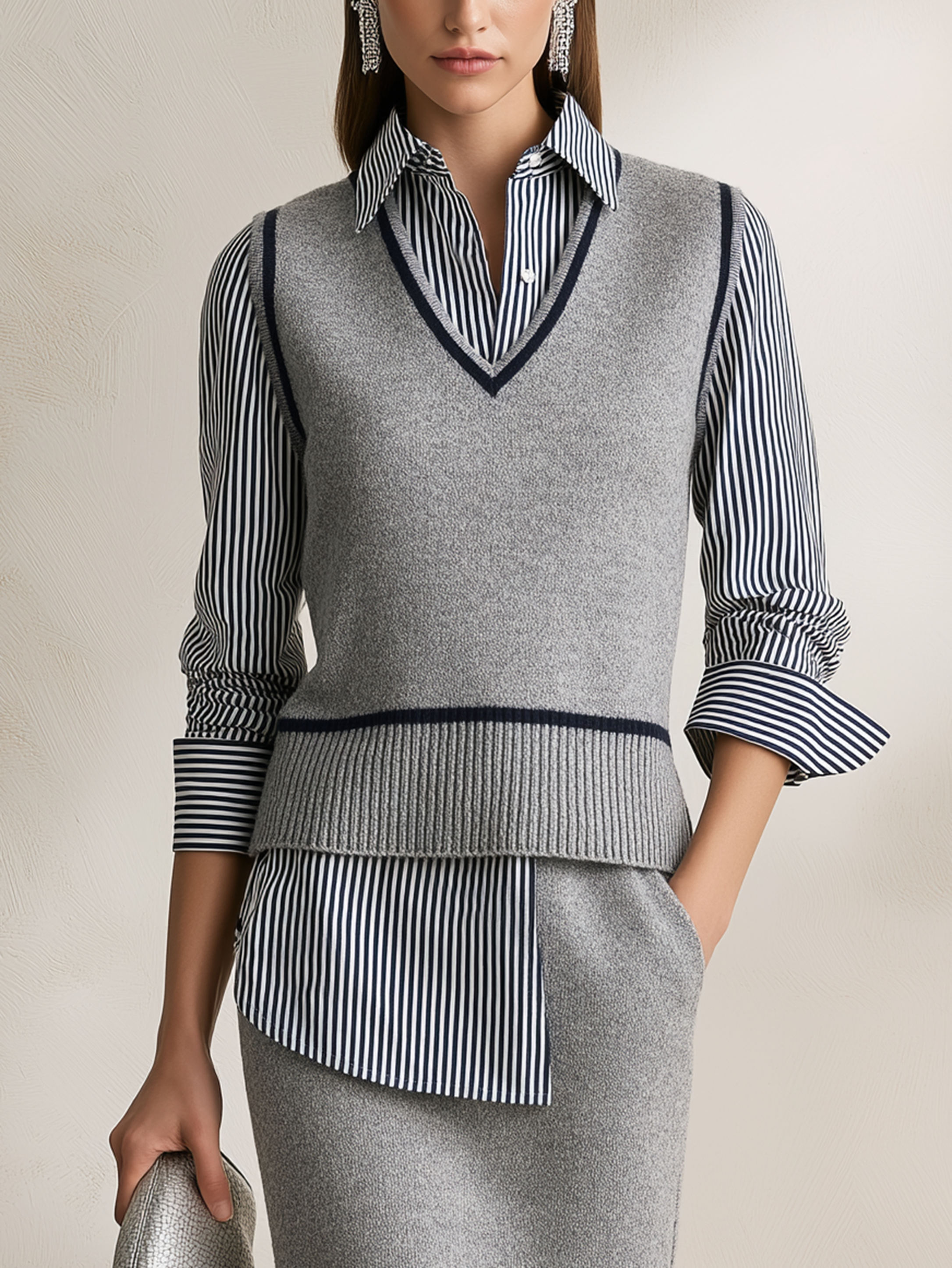 V‑Neck Contrast Trim Shirt‑Patchwork Faux Two‑Piece Sweater