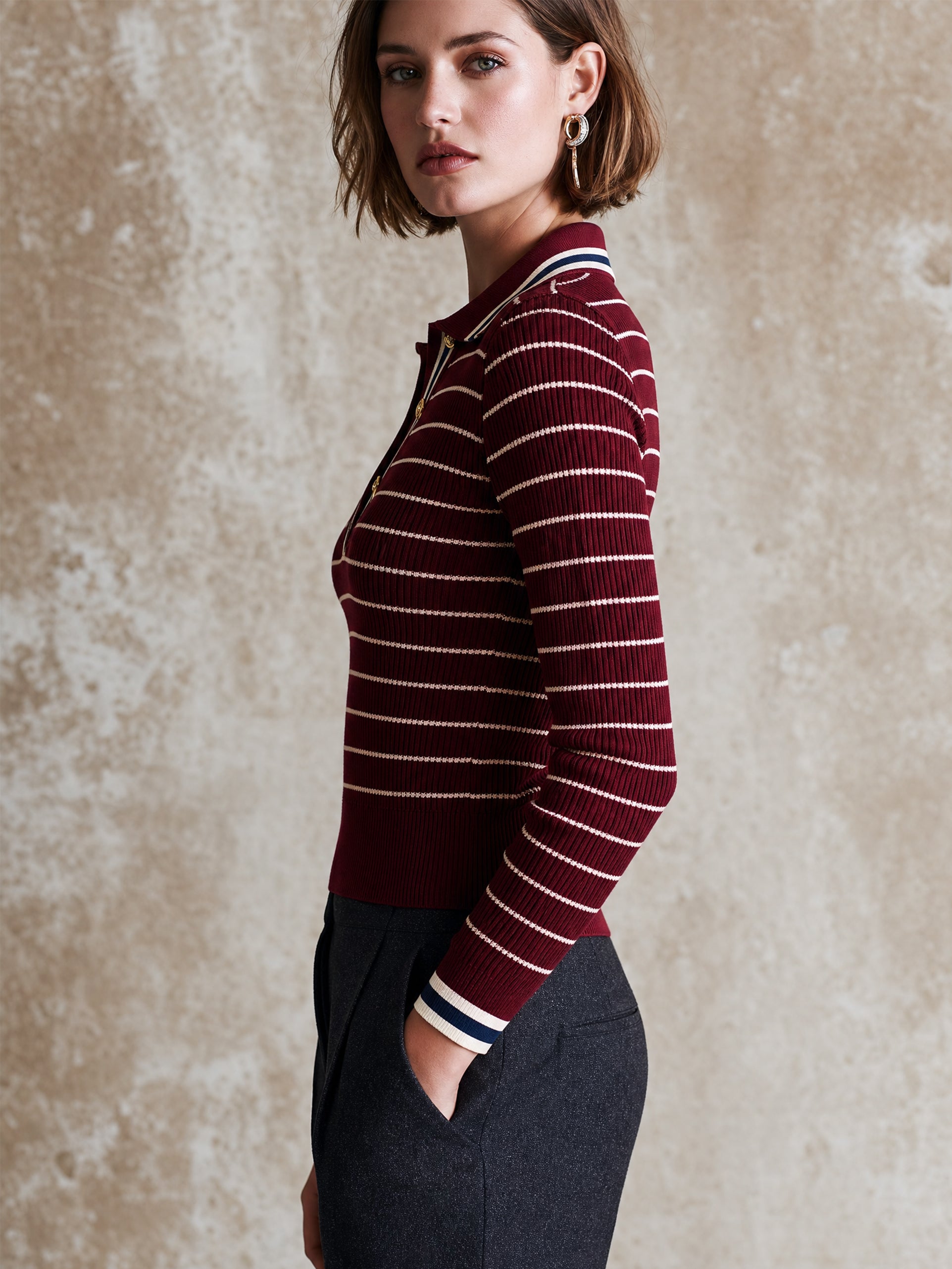Burgundy Contrast‑Trim Striped Ribbed Polo Knit Sweater