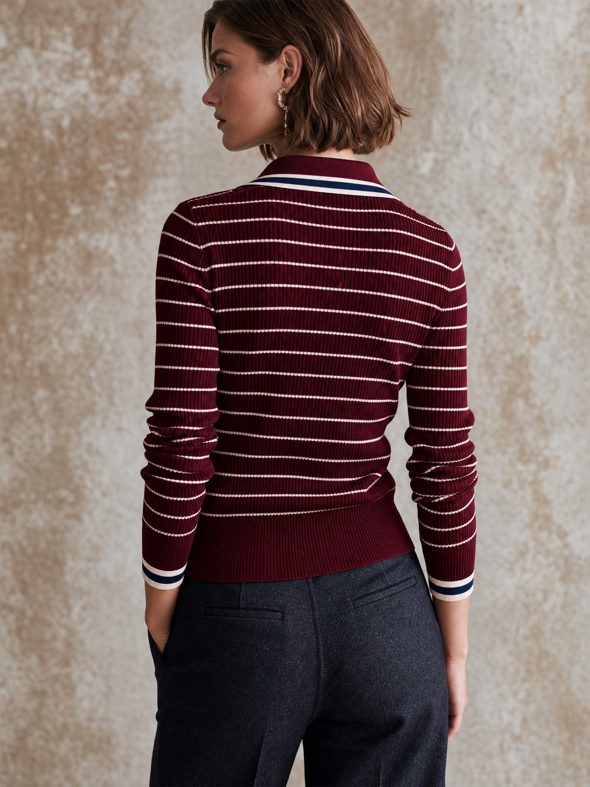 Burgundy Contrast‑Trim Striped Ribbed Polo Knit Sweater