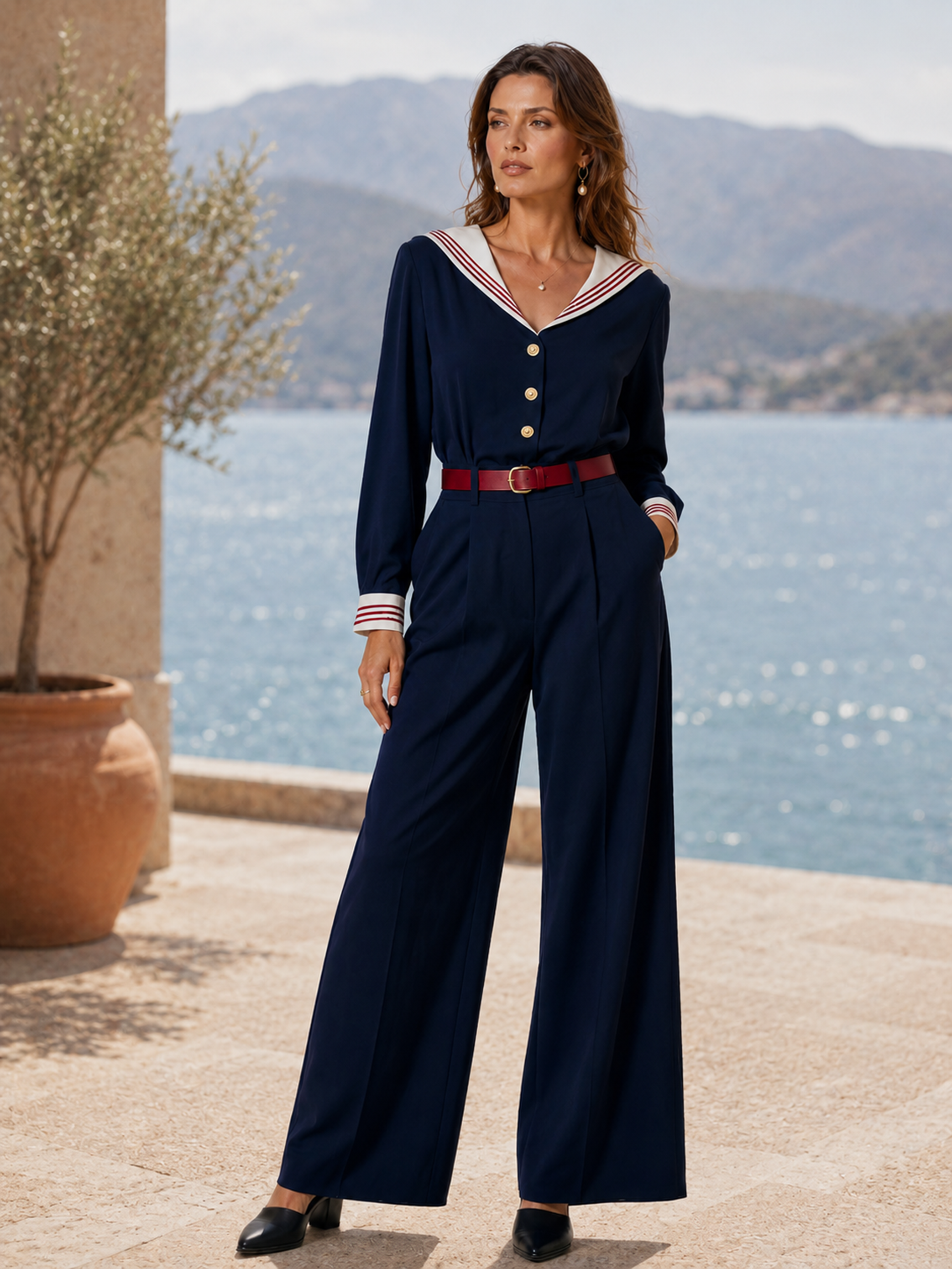 Elegant Navy Sailor-Collar Contrast Wide-Leg Jumpsuit
