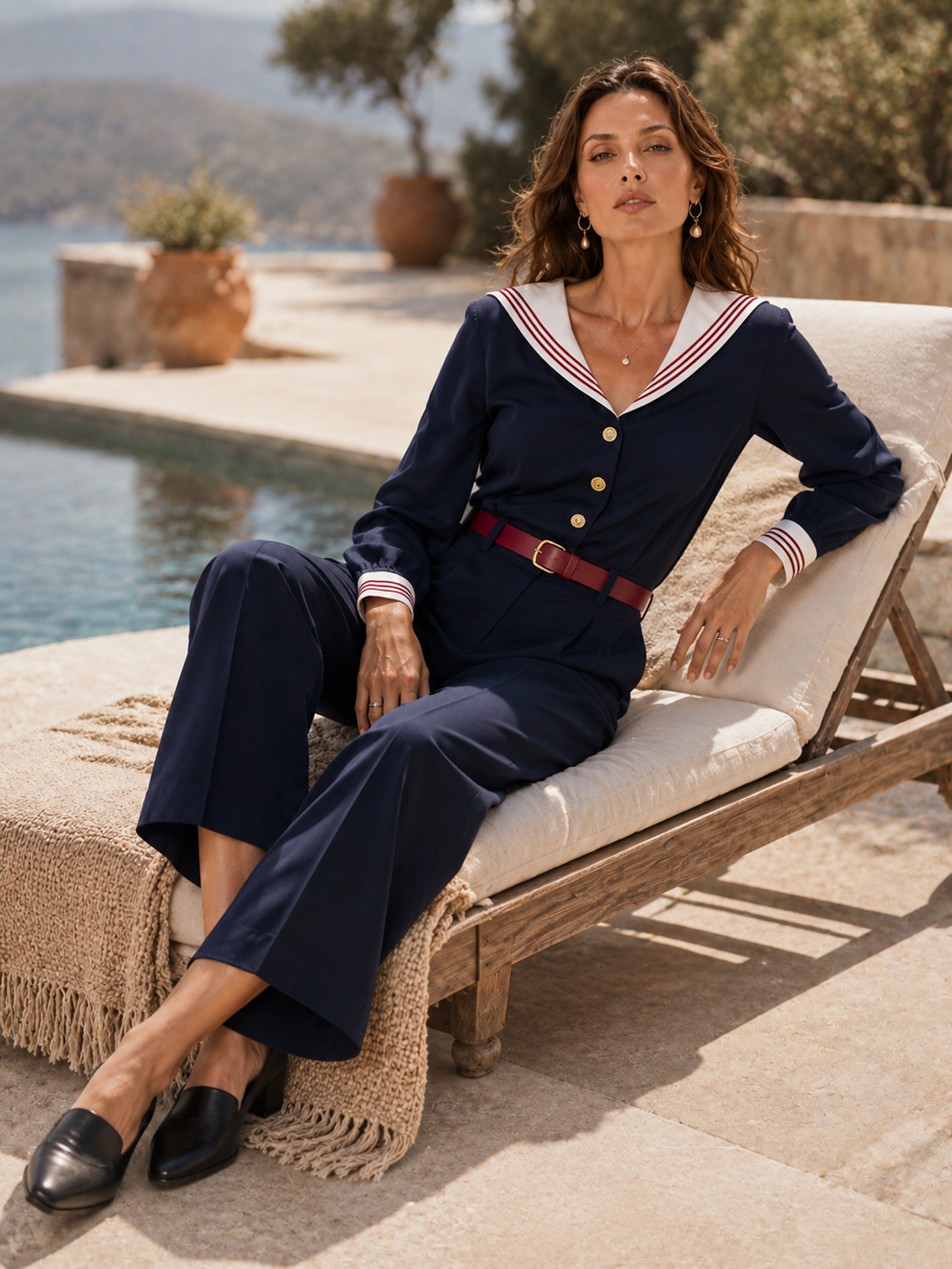 Elegant Navy Sailor-Collar Contrast Wide-Leg Jumpsuit