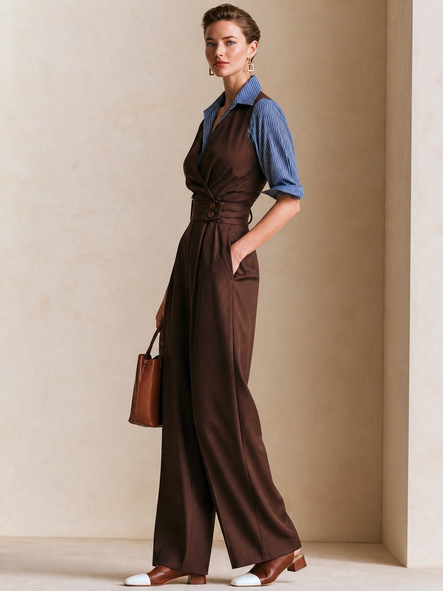 V‑Neck Shirt‑Patch Faux Two‑Piece Waisted Jumpsuit