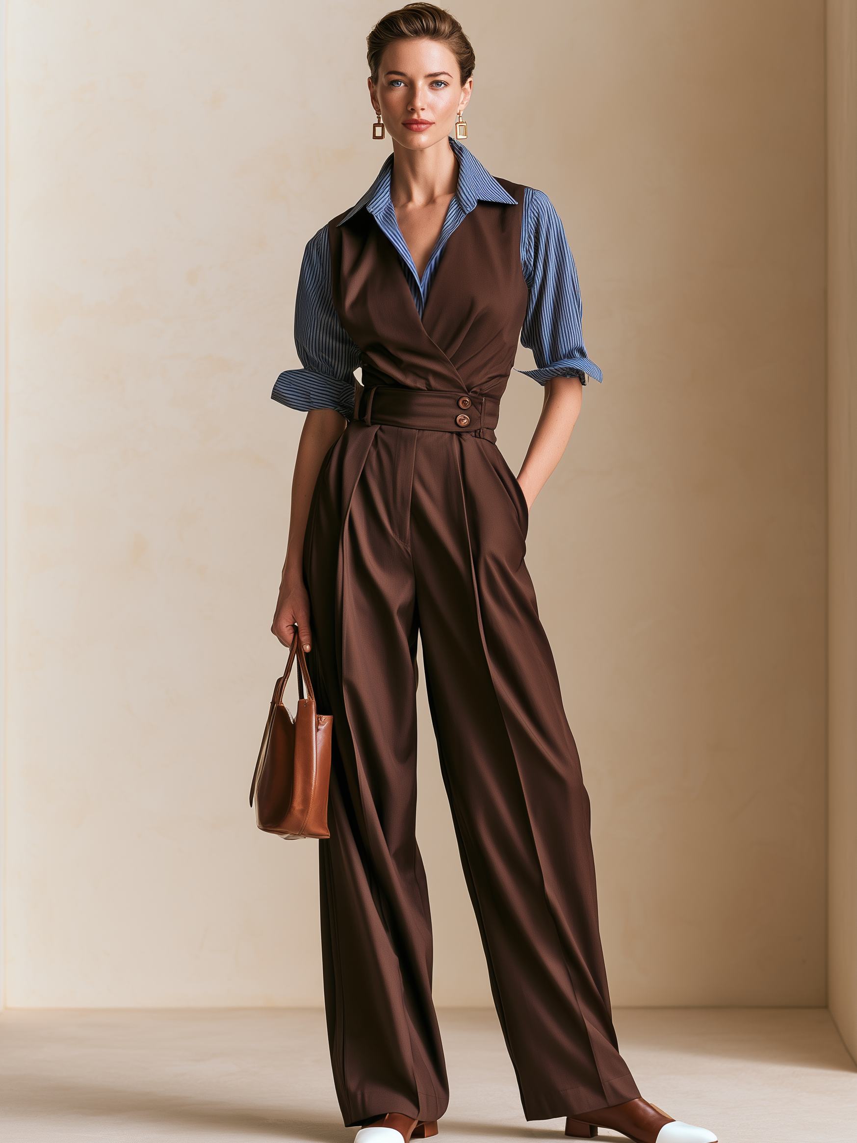 V‑Neck Shirt‑Patch Faux Two‑Piece Waisted Jumpsuit