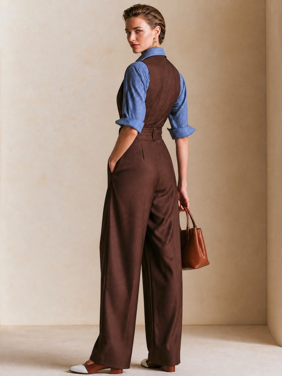 V‑Neck Shirt‑Patch Faux Two‑Piece Waisted Jumpsuit