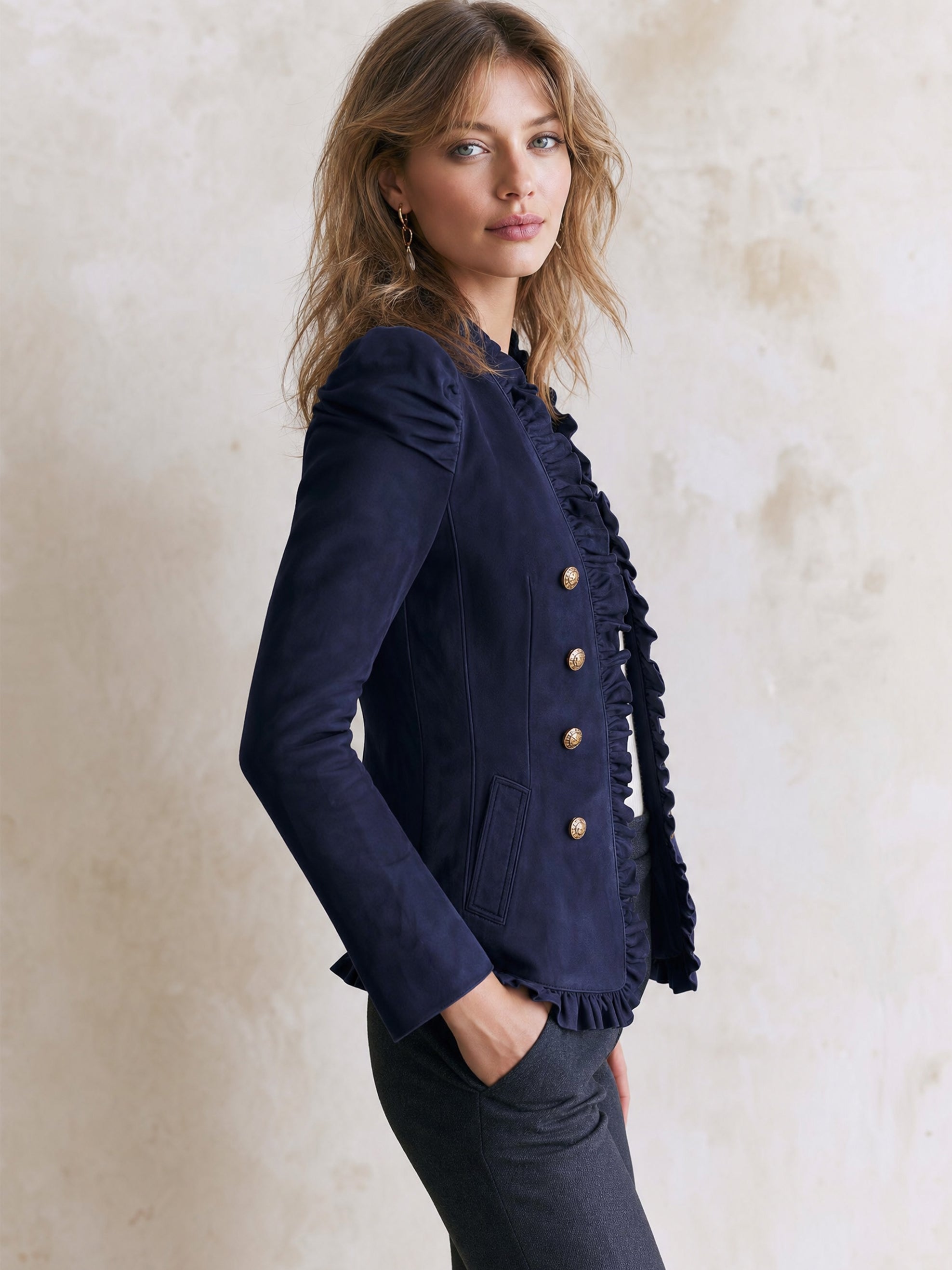 Ruffle‑Trim Open‑Front Blazer Jacket