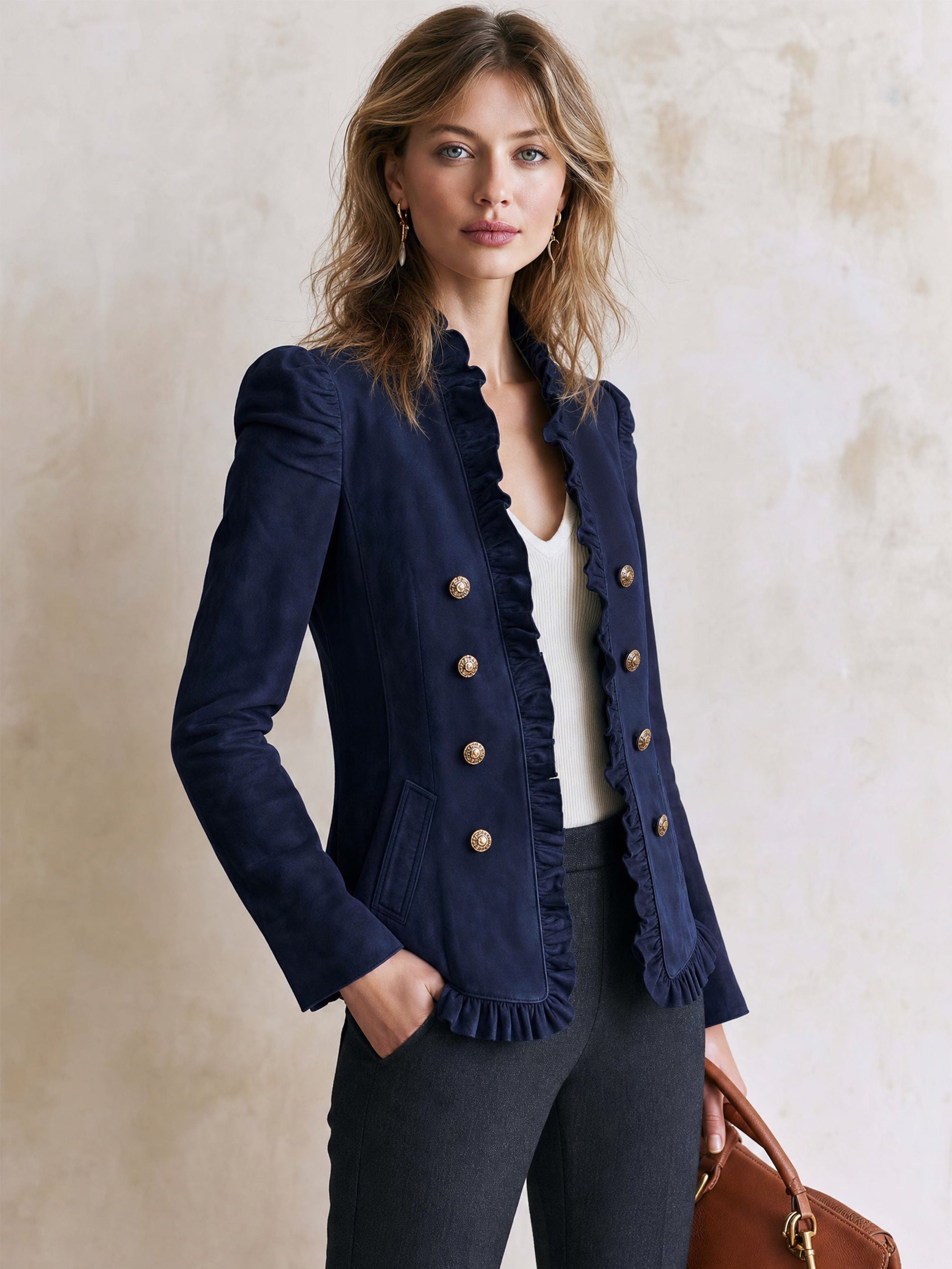 Ruffle‑Trim Open‑Front Blazer Jacket
