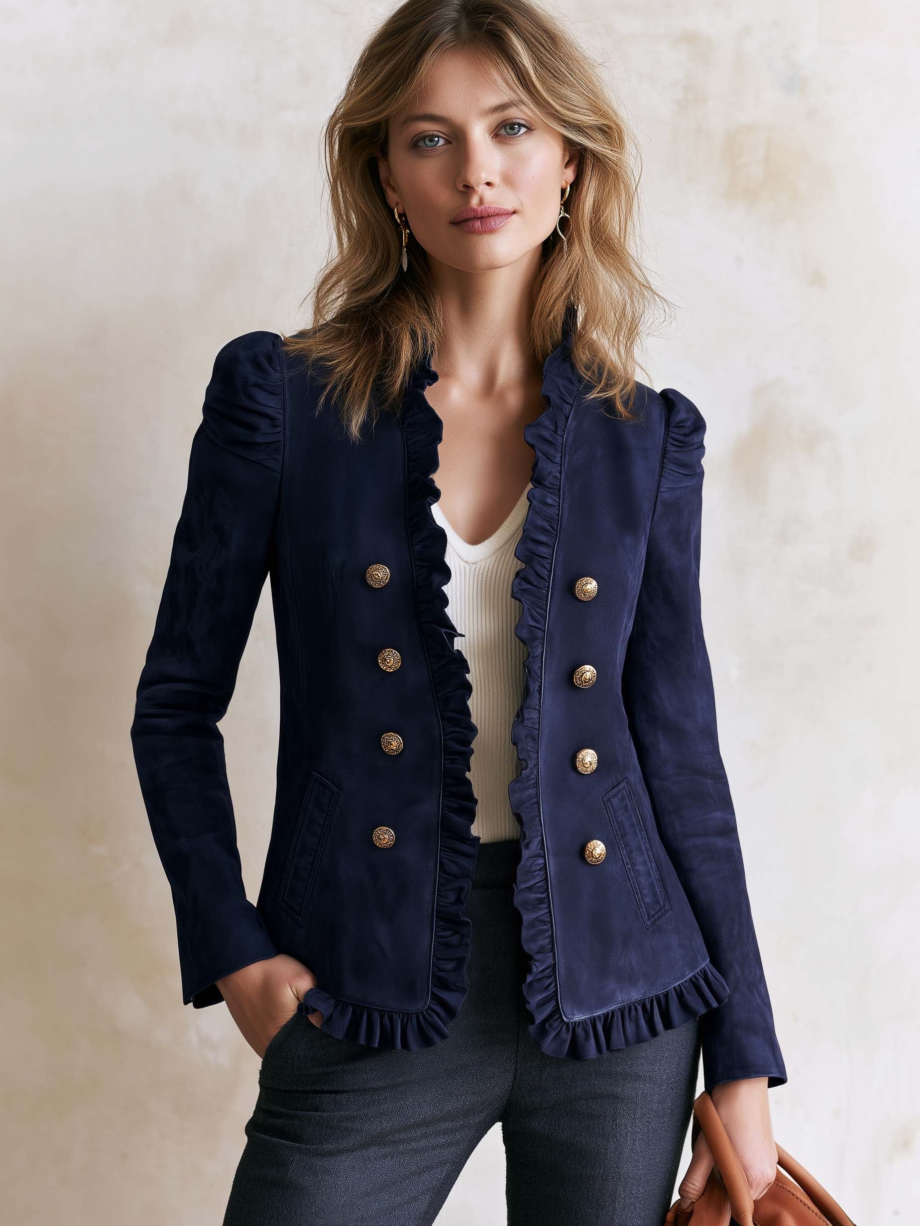Ruffle‑Trim Open‑Front Blazer Jacket