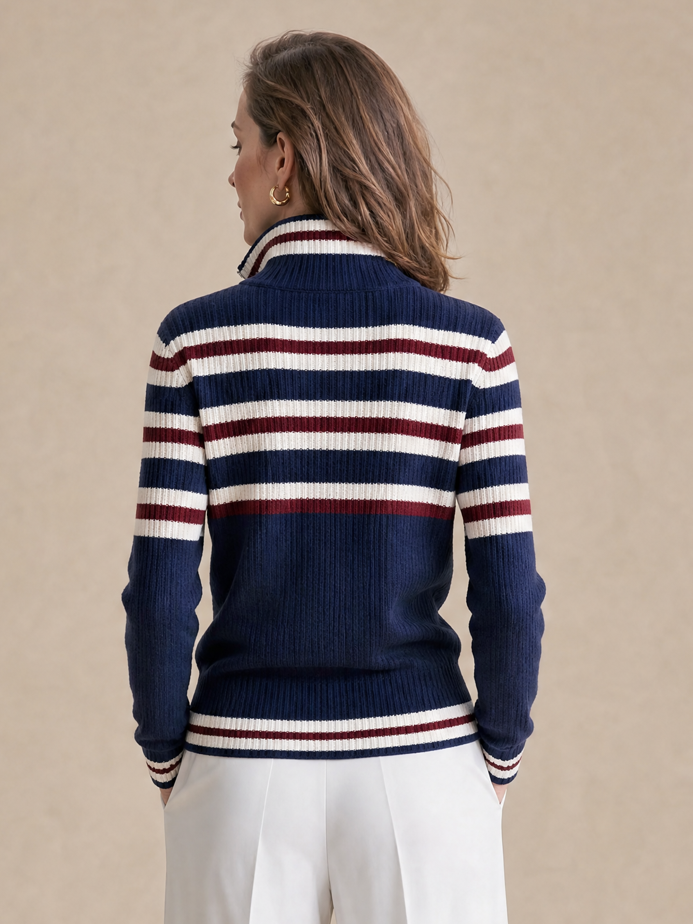 Elegant Navy Ivory & Burgundy Striped Zip-Neck Knit Top
