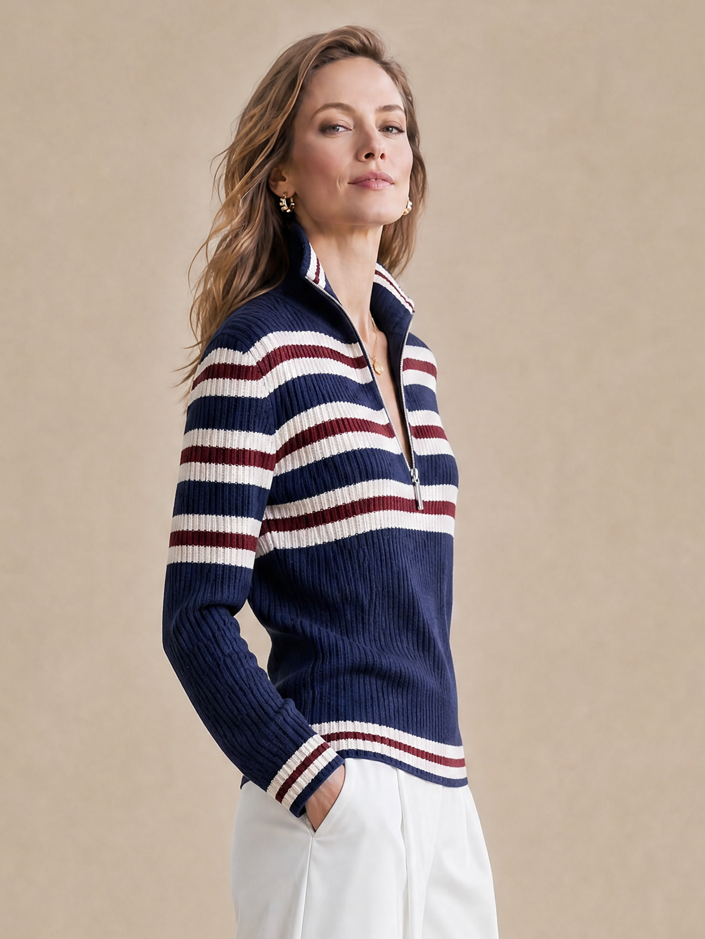 Elegant Navy Ivory & Burgundy Striped Zip-Neck Knit Top