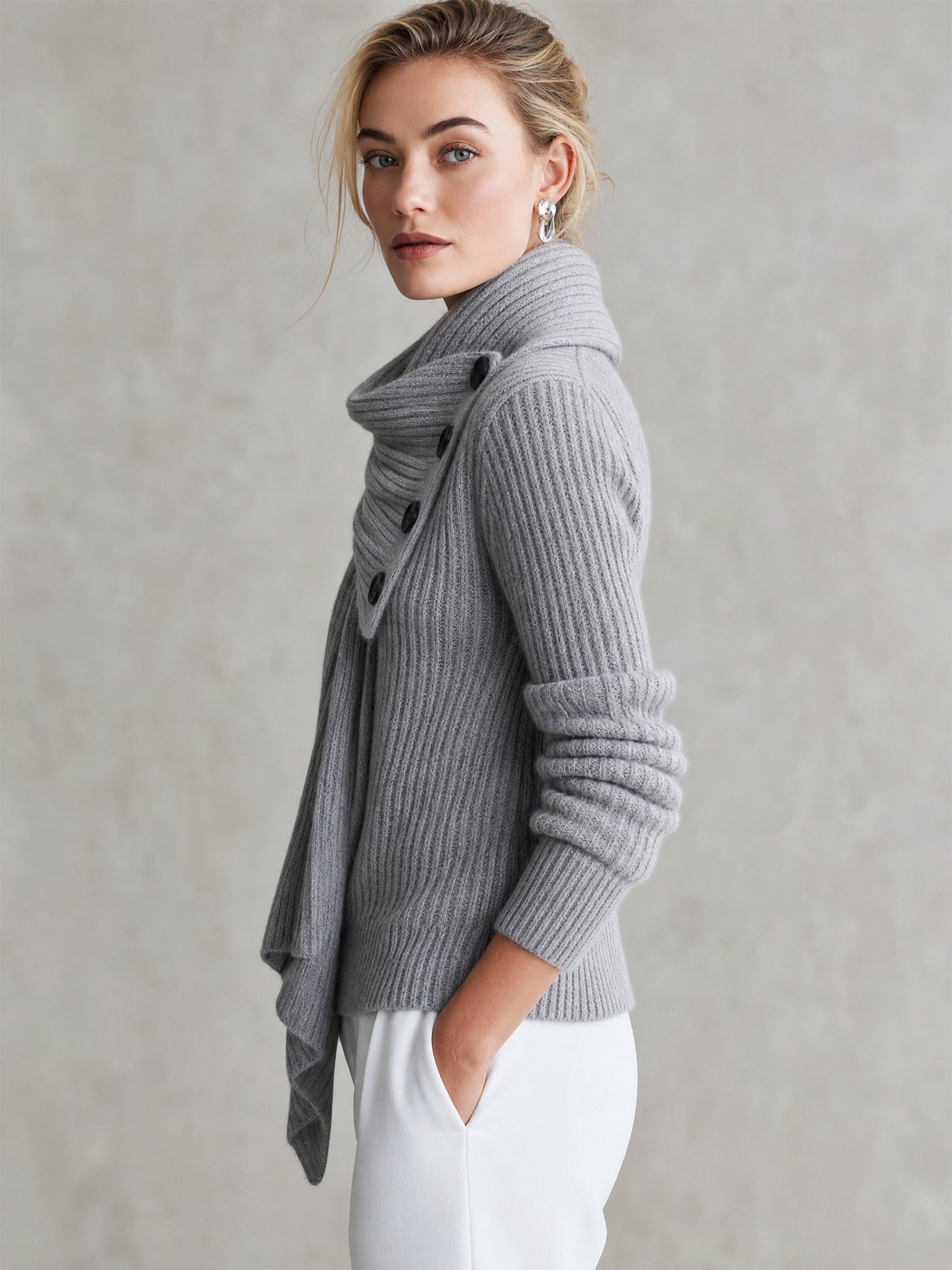 Asymmetric Draped Scarf Collar Sweater