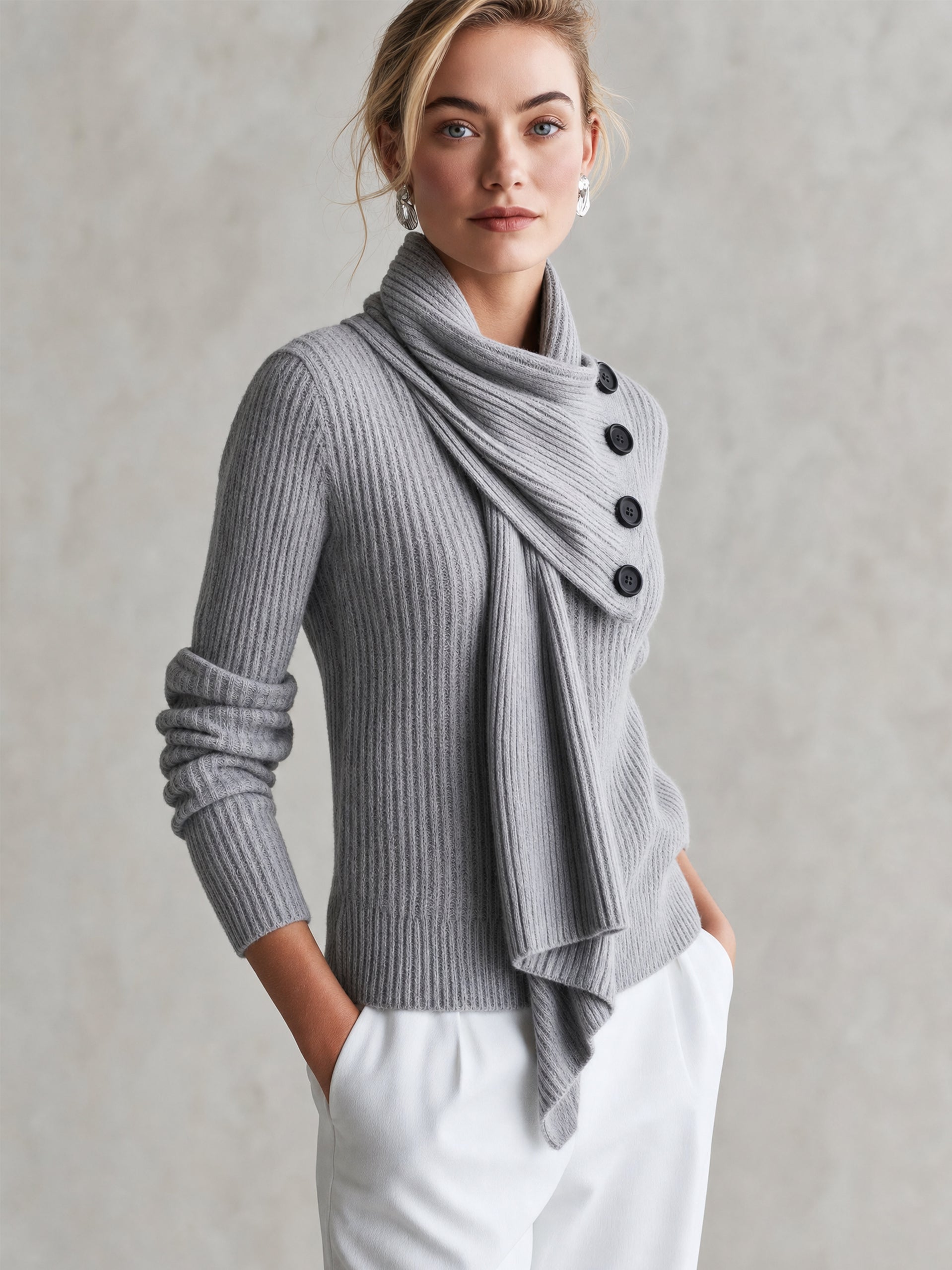 Asymmetric Draped Scarf Collar Sweater