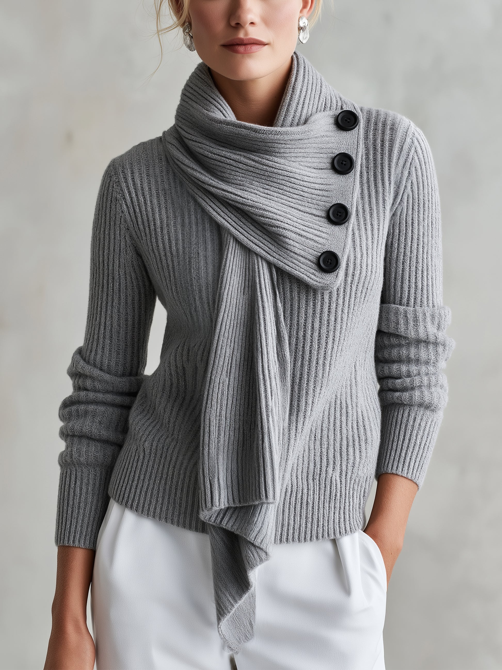 Asymmetric Draped Scarf Collar Sweater