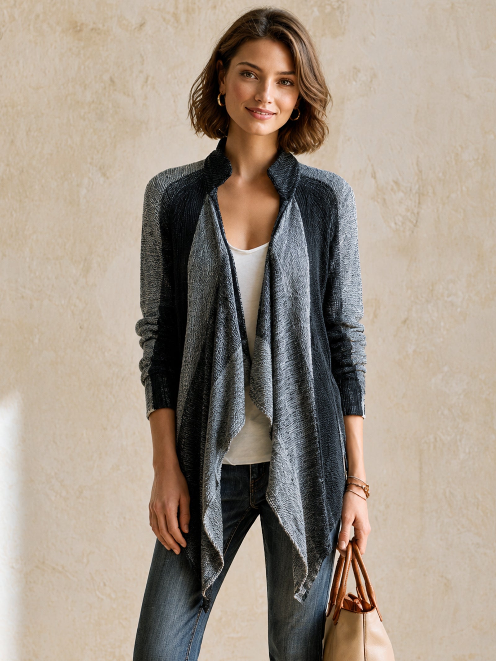 Grey Colorblock Open-Front Draped Knit Cardigan