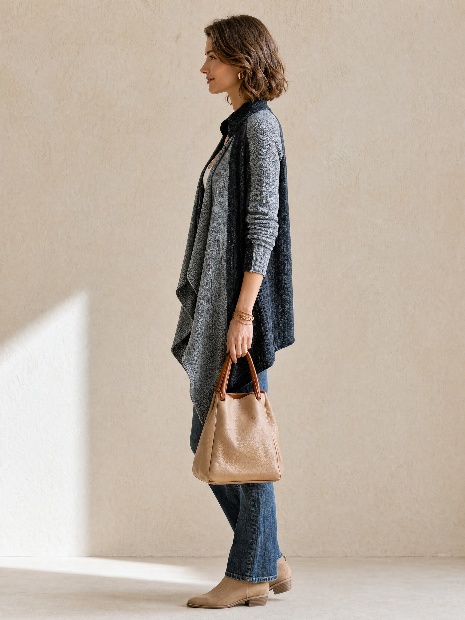 Grey Colorblock Open-Front Draped Knit Cardigan