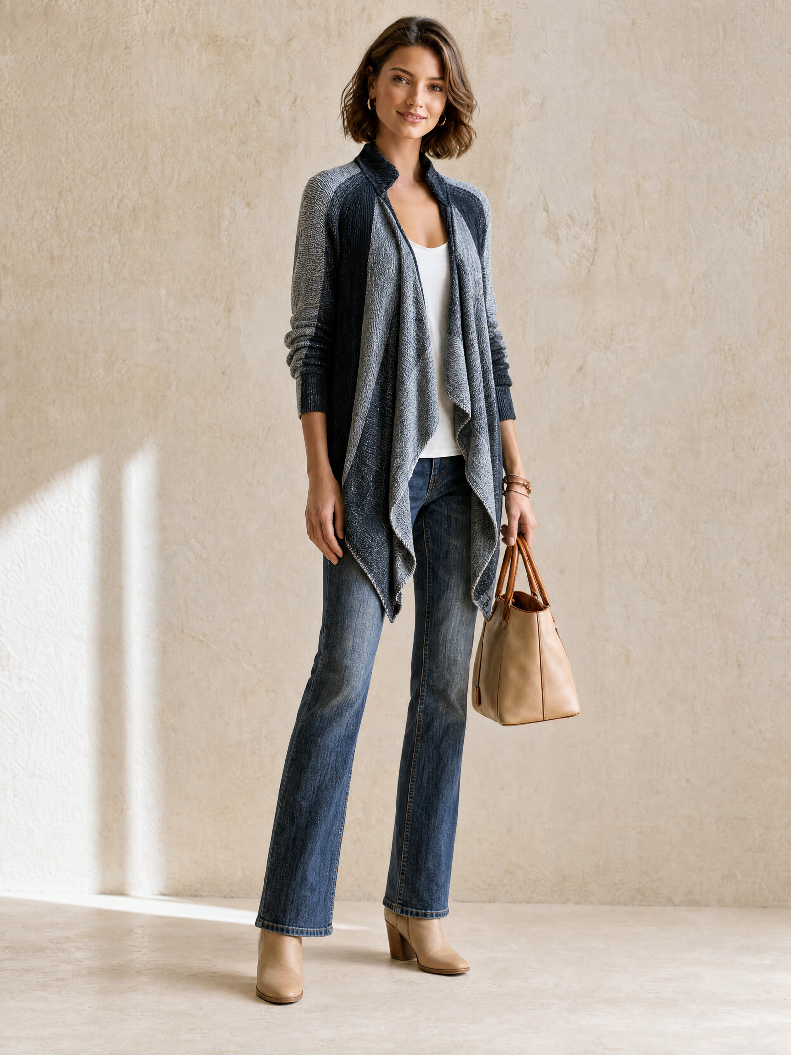 Grey Colorblock Open-Front Draped Knit Cardigan