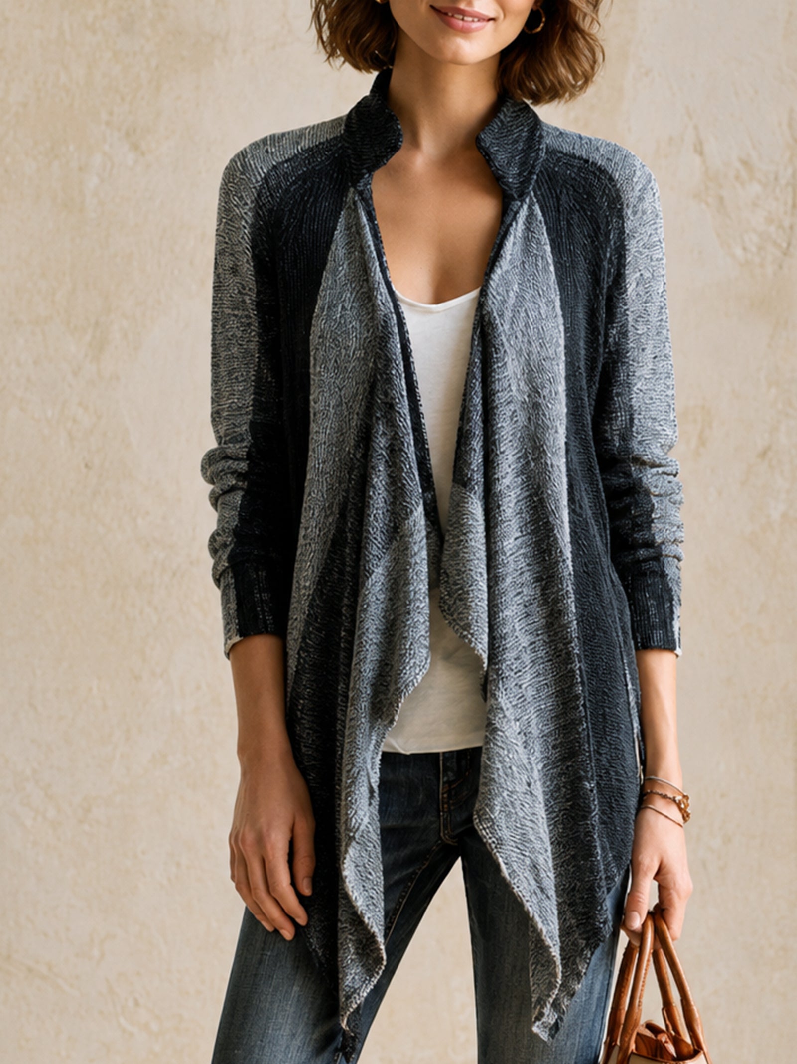 Grey Colorblock Open-Front Draped Knit Cardigan