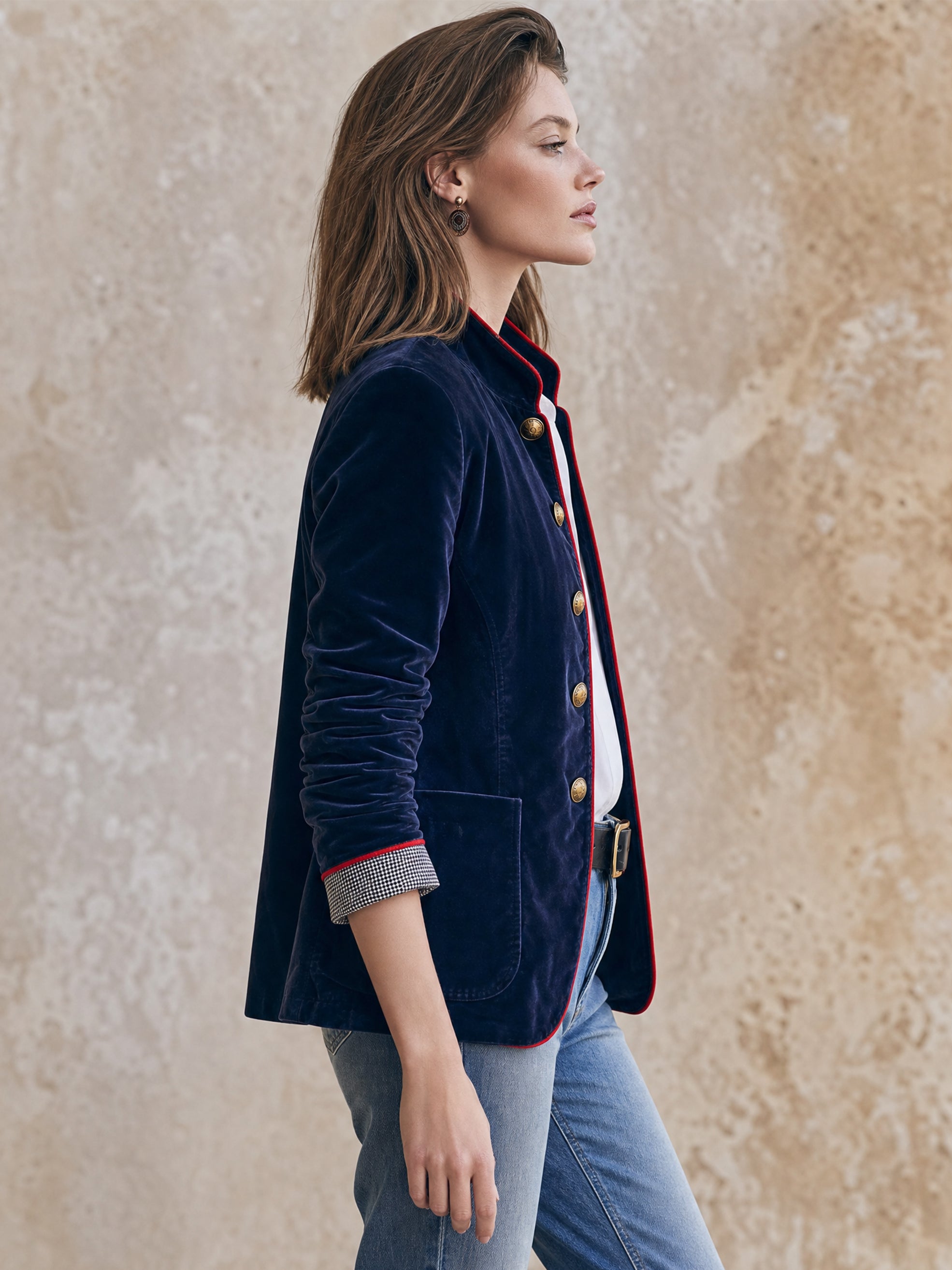 Navy Velvet Stand‑Collar Jacket